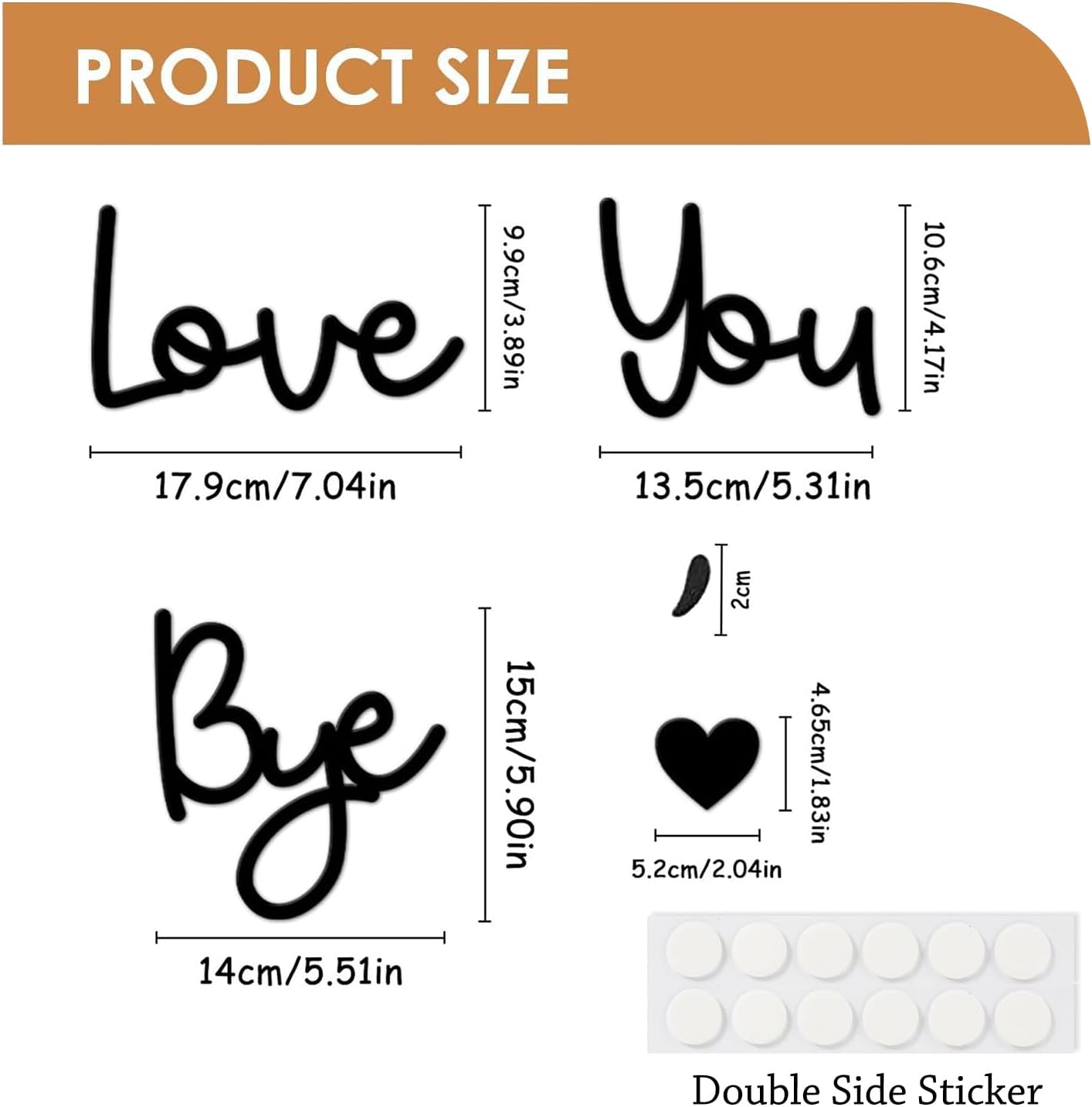 Diagram showing the dimensions of each individual letter and heart piece of the Love You Bye sign