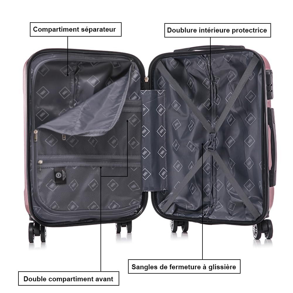 1990s Set de 3 valises de Voyage Cabine 55x39x21cm (45L), Moyenne 65cm, Trousse de Toilette, Valise Rigide Polycarbonate - Or rosé