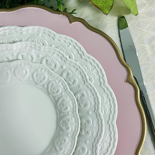 Miniatura 5 de UOEKCS Platos de carga festoneados rosa con borde dorado, cargadores redondos de 13 pulgadas para platos llanos, juego de 6 cargadores de platos de