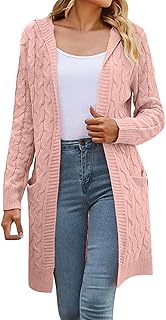Chaqueta de punto con capucha para mujer, de color sólido, con bolsillo, holgada, de moda, para exteriores, rosa, S