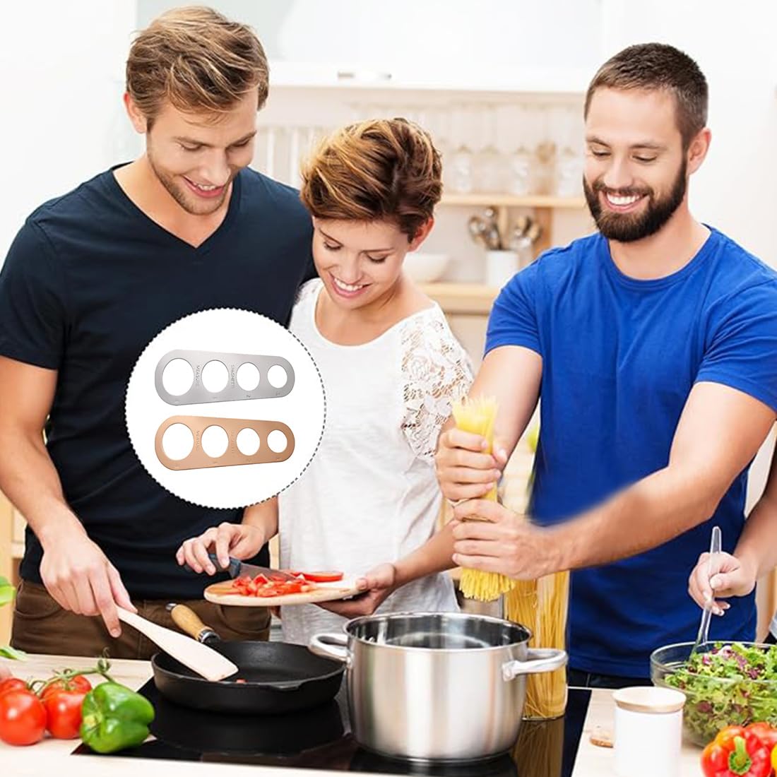 EIHI 2 Piezas Dispensador de fideos de acero inoxidable, Medidor de fideos de acero inoxidable, Medidor de fideos de 4 agujeros de acero inoxidable, Control de porciones de pasta Gadget（Oro y plata）