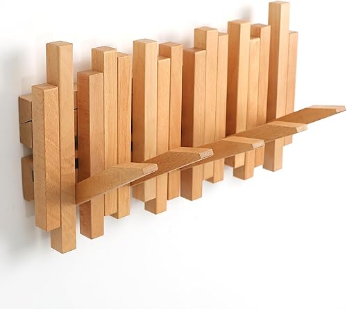 Perchero de madera natural para piano de pared Perchero de pared Perchero de pared abatible con 5 ganchos Almacenamiento de pared de entrada con