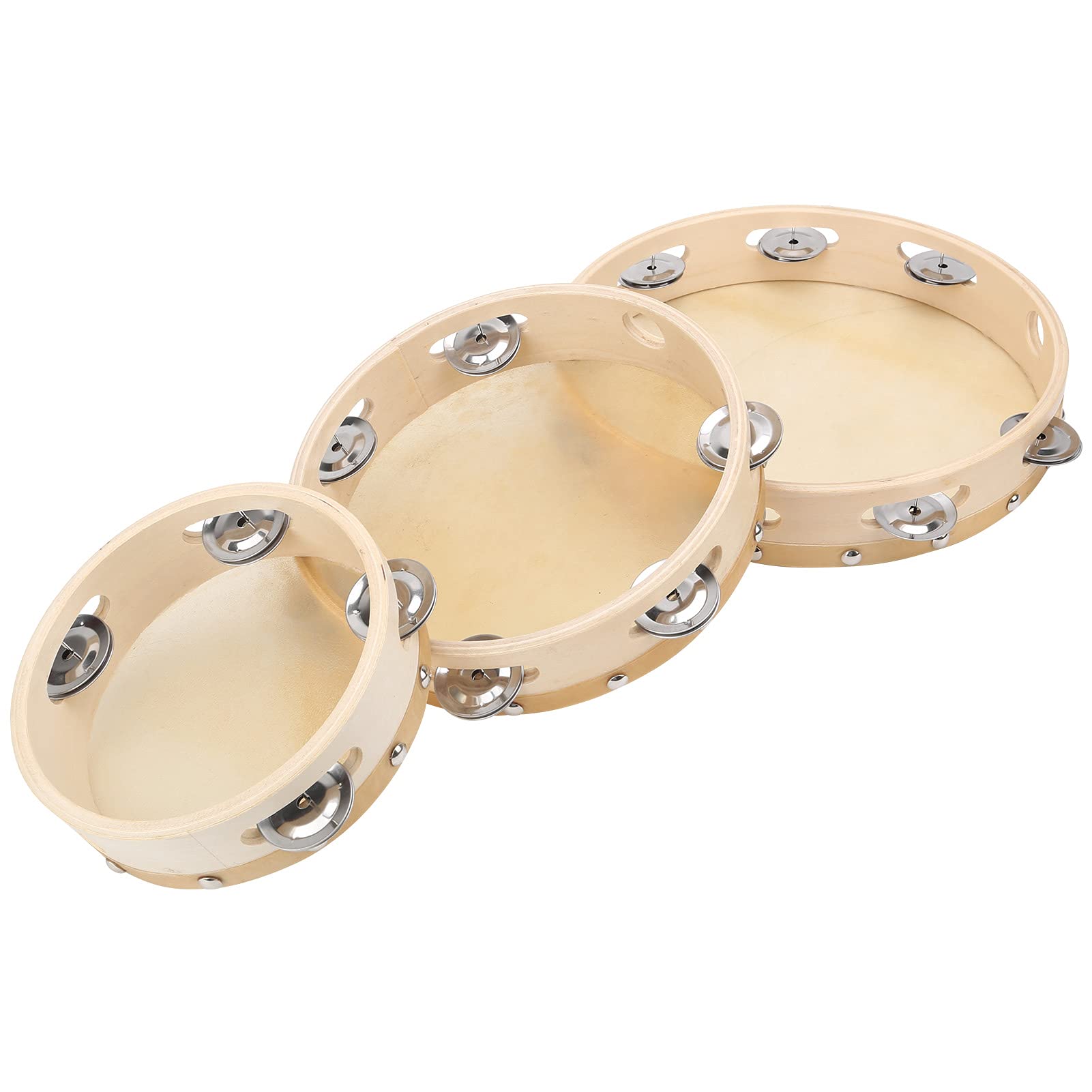 3-teiliges Holz-Tamburin-Set, einreihige Handtrommel mit Kuhfell‑Membran, massiver Holzrahmen – ideal für Kinder, Erwachsene, Musik, Tanz, Kirche und Jazz