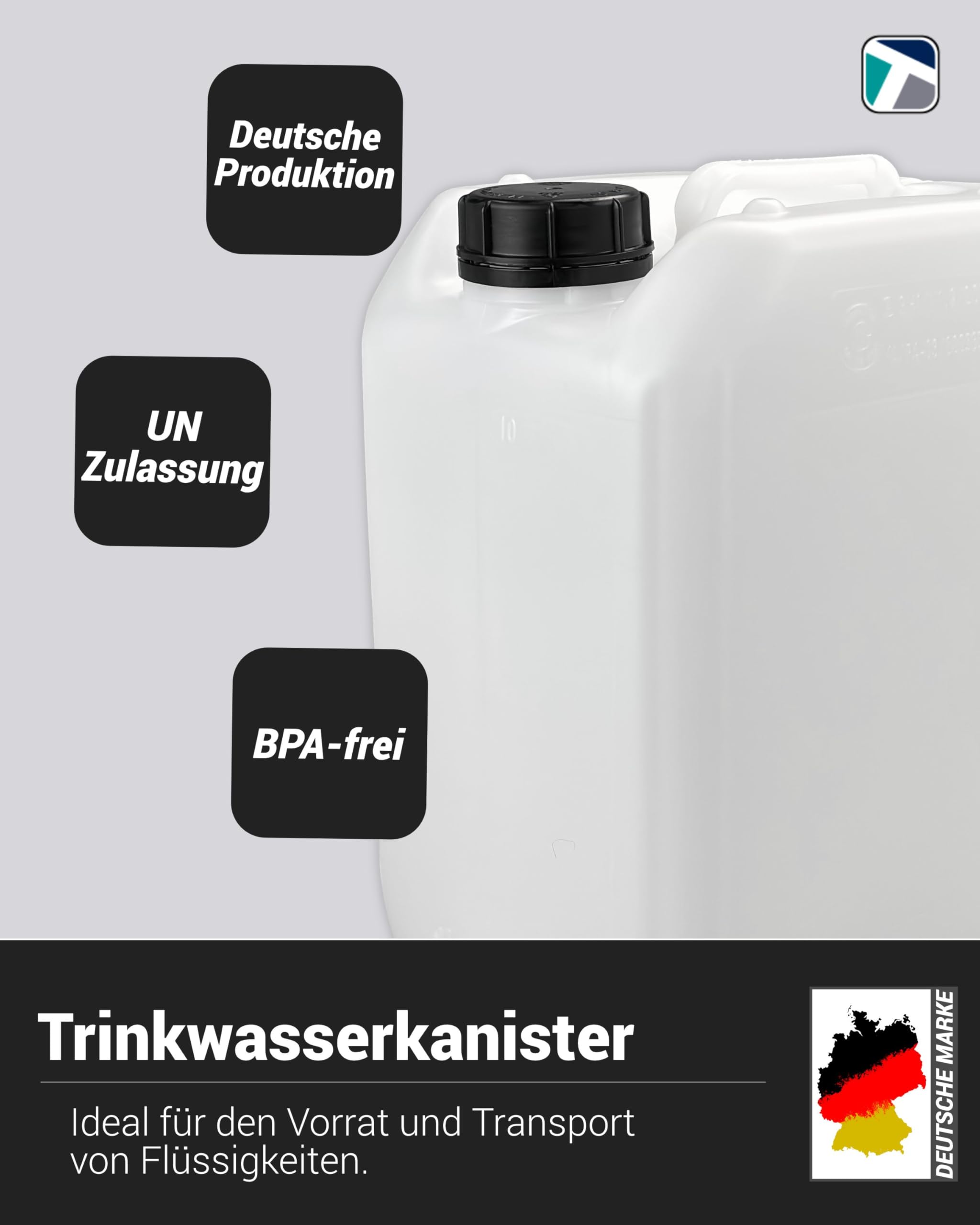Trevendo 16er-Set Wasserkanister - Leerkanister - Kunststoffkanister (10 Liter, DIN51) - lebensmittelecht & BPA-frei - inkl. Trevendo Beschriftungsetiketten