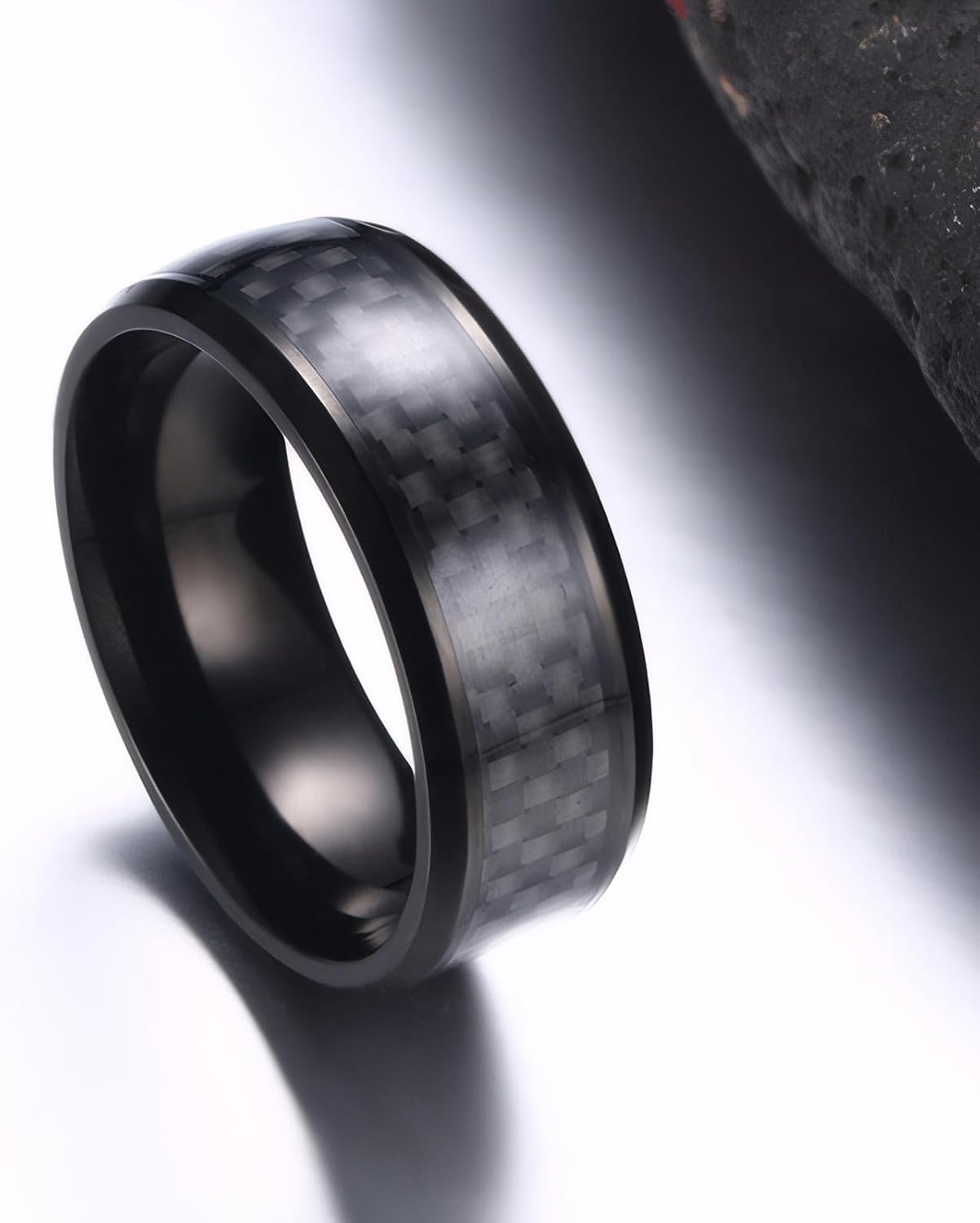 TTVOVO 8MM Black/Red/Green/Blue/Silver Carbon Fiber Inlay Carbide Ring Black Wedding Band Polished Finish Edges Men’s Ring Comfort Fit for Men Women