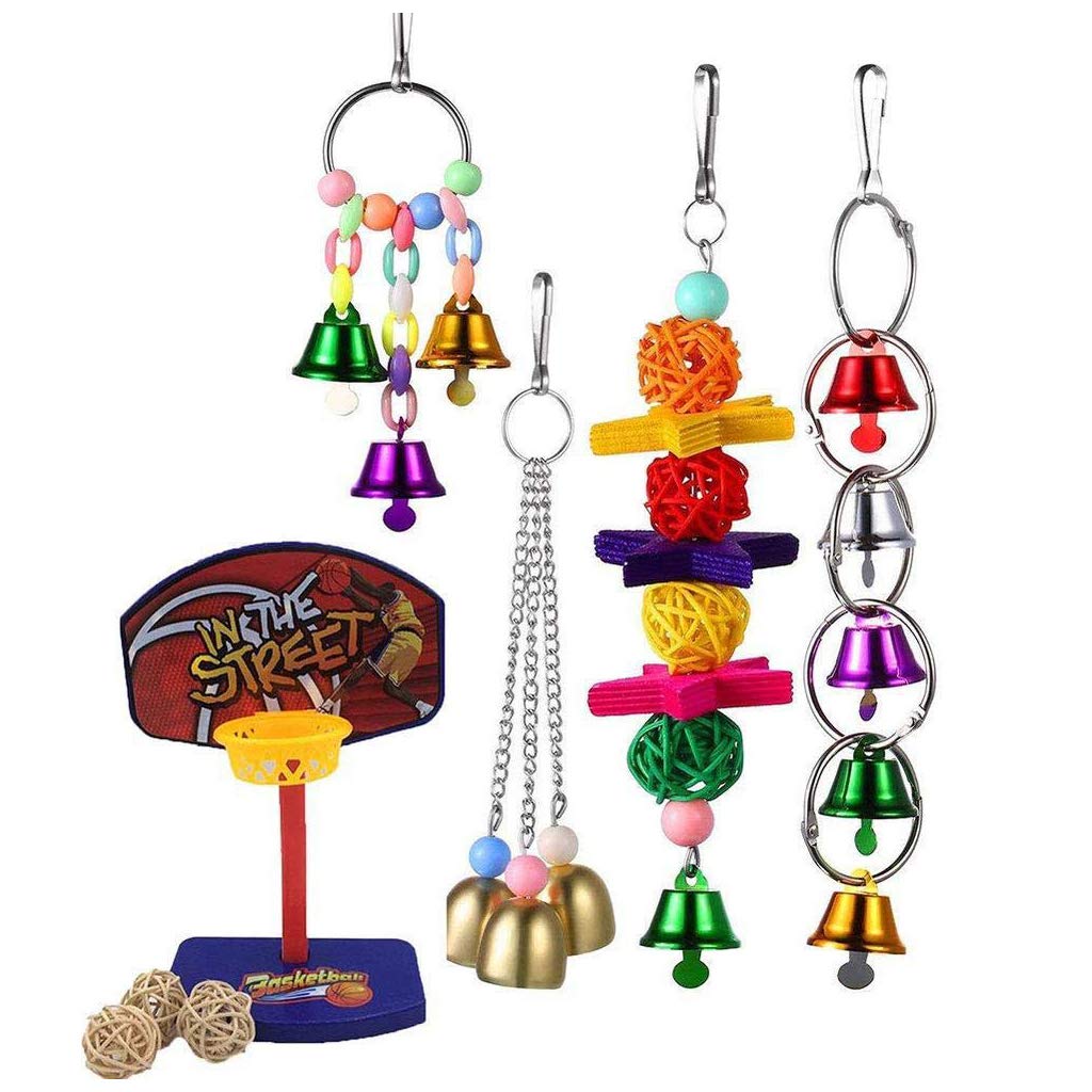 Uteruik Bird Toy With Bells Ball Chew Toy Parrot Basketball For Budgie Parakeet Cockatiel Conure Lovebird Finch Canary Cockatoo Cage Supplies Accessories, 5Pcs