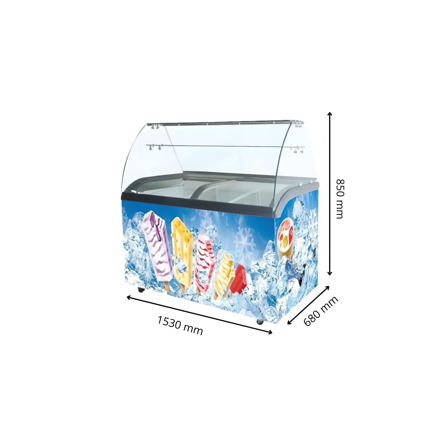 Vitrina de helado profesional 355L o 445L - Diseño publicitario - Iluminación LED, termostato ajustable, ruedas - congelador maletero para venta ambulante (445 litros)