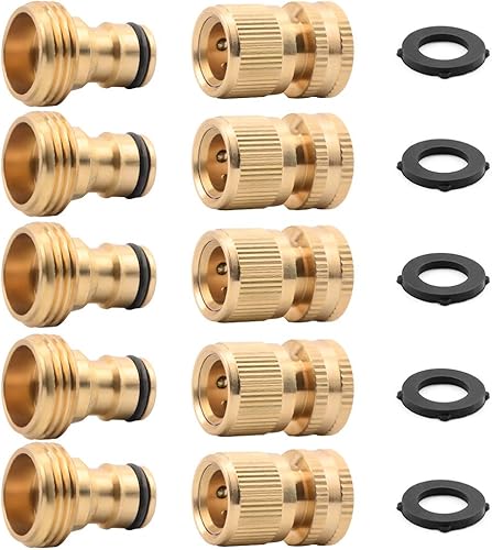 ADrivWell - Manguera de agua para jardín conectores rápidos de latón de 34 pulgadas 5 juegos de conector macho y hembra con arandelas de goma extra