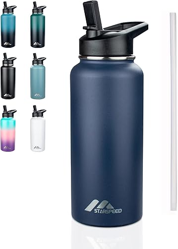 Miniatura 22 de StarSpeed - Botella de agua aislada de 32 oz con pajitas y 2 tapas, botella deportiva de acero inoxidable de doble pared con aislamiento al vacío,