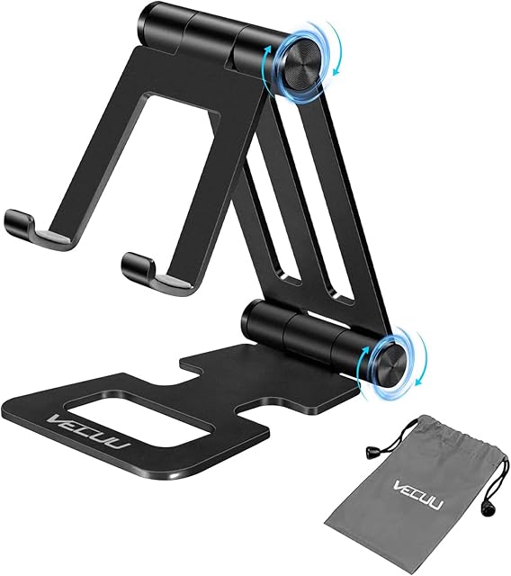 VECUU Phone Holder for Desk, Handsfree Portable Tablet Stand for Desk with Adjustable View Angle, Fully Foldable Phone Stand, Compatible with iPhone, Android Phone, Nintendo Switch (Black)