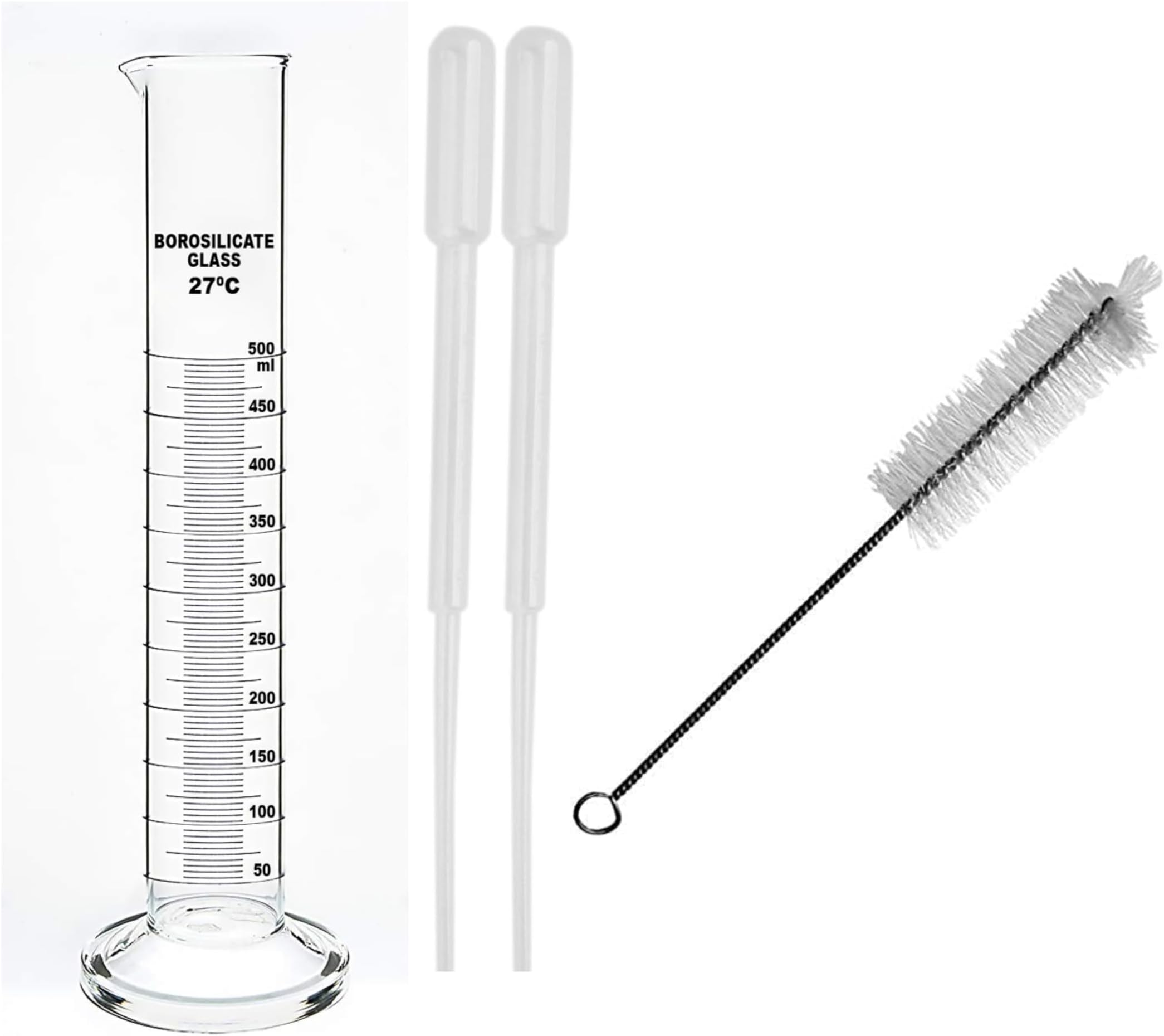 Borosilicate Glass Measuring Cylinder 500ml. (3ml droppers (2) and Free size Brush Thick Walls)