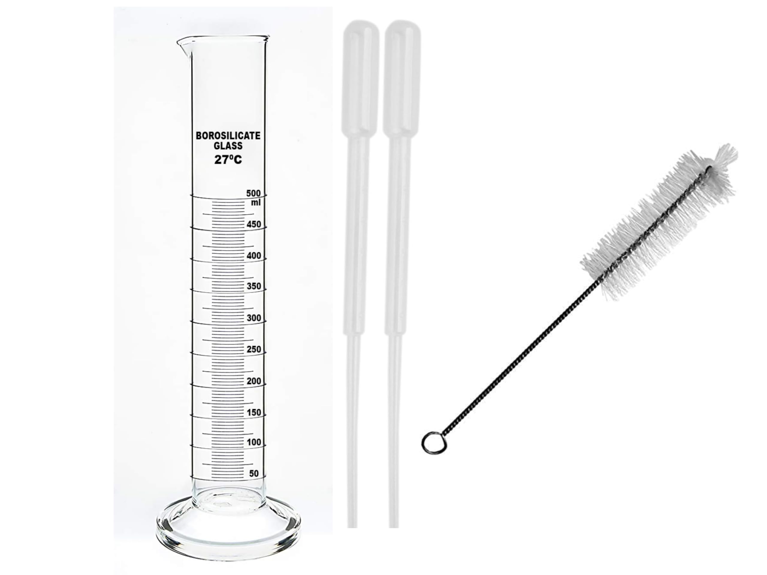 Borosilicate Glass Measuring Cylinder 500ml. (3ml droppers (2) and Free size Brush Thick Walls)