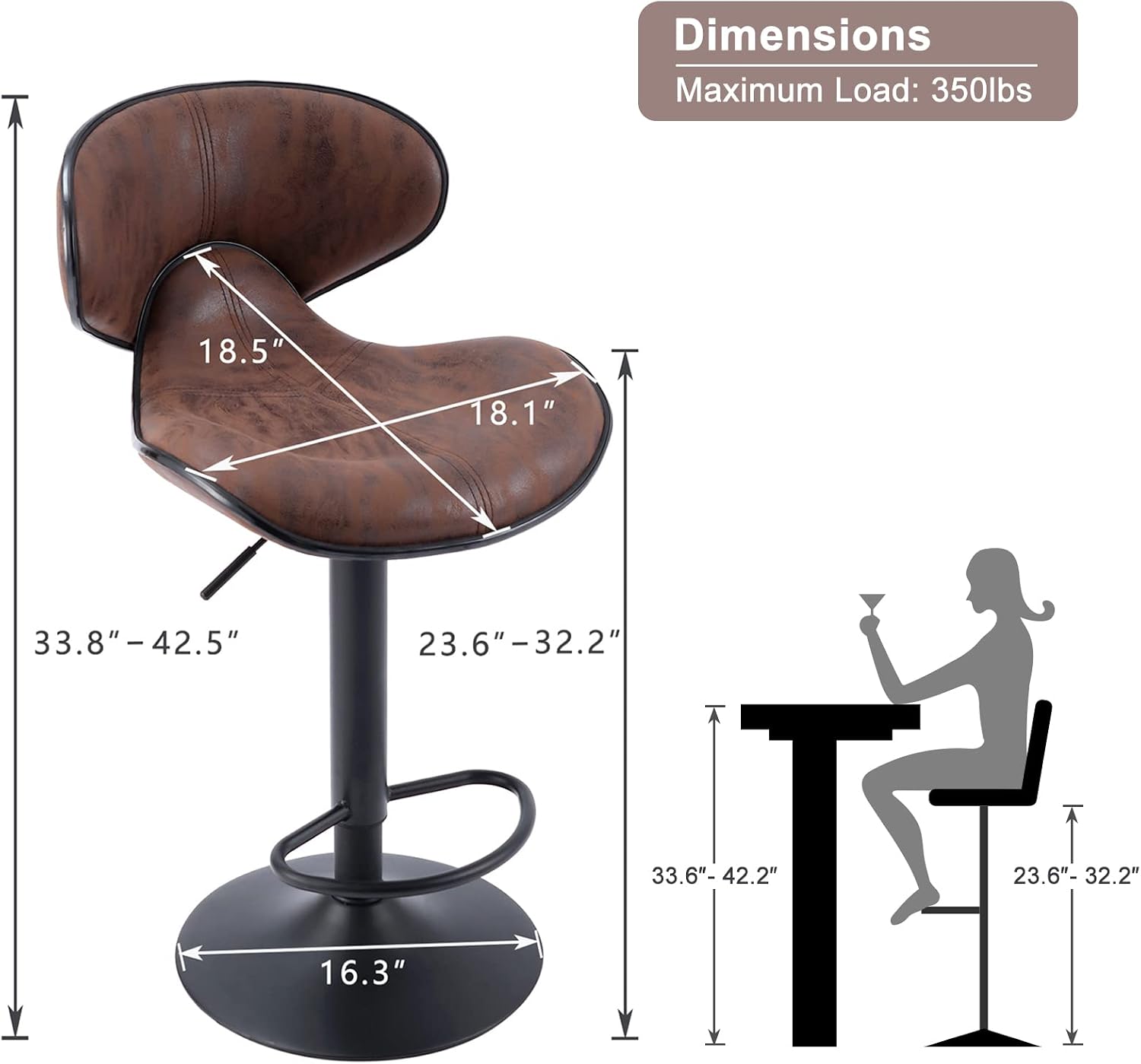 SUPERJARE Bar Stools Set of 4 - Adjustable Barstools with Back and Footrest, Counter Height Bar Chairs for Kitchen, Pub - Retro Brown