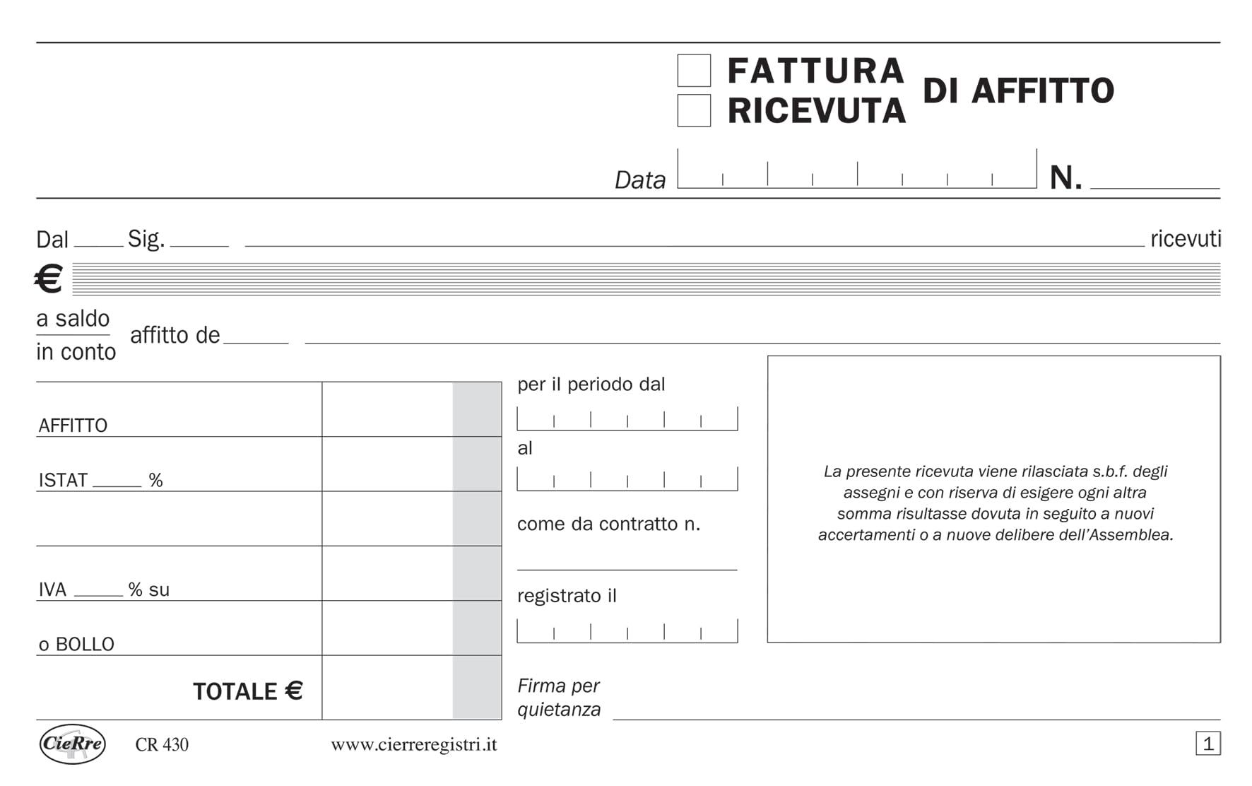 Blocco Ricevuta Fattura Affitto CR 430 50 moduli duplice copia 17x10 cm