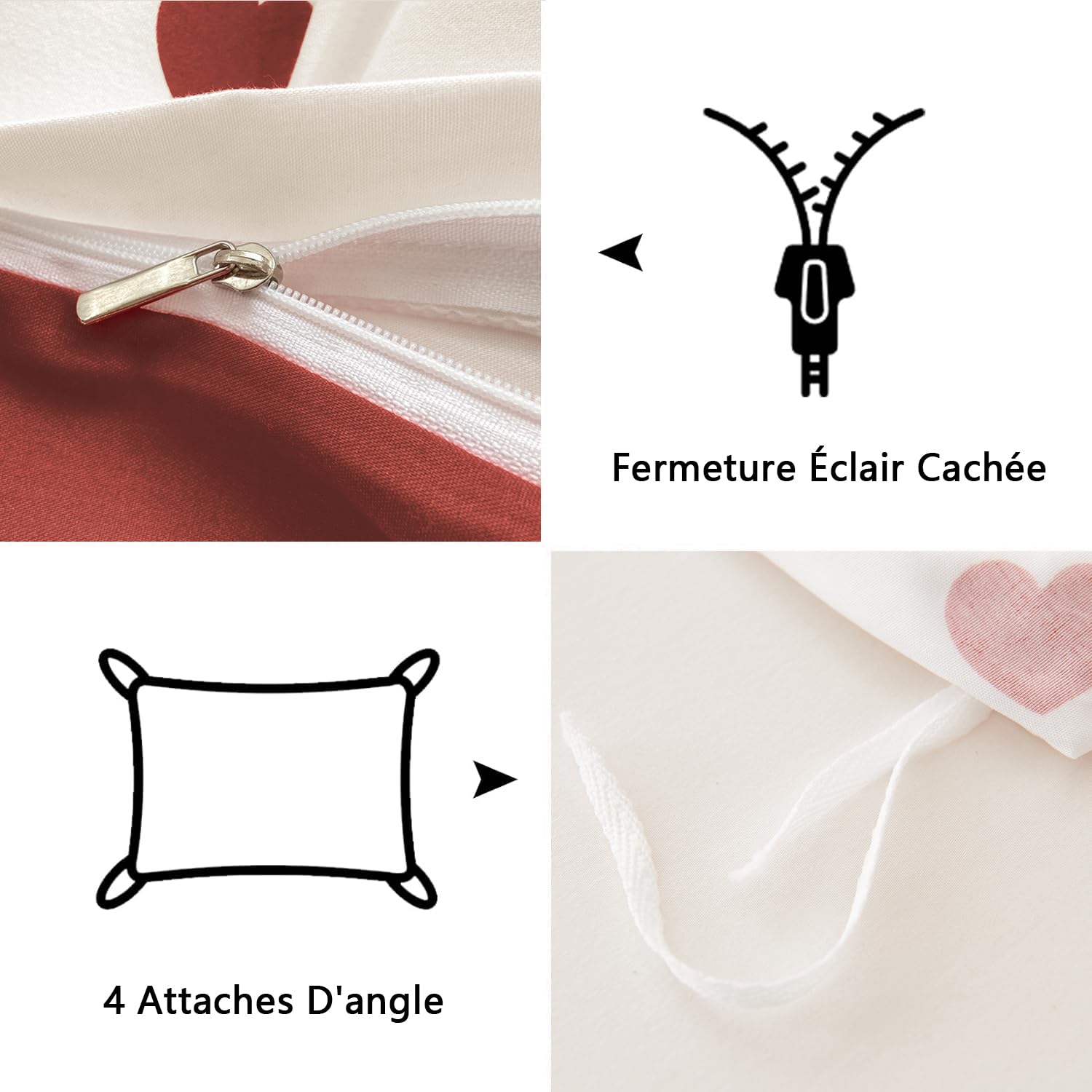 Freyamy Housse de Couette 200x200cm+2 Taie d'oreiller 65x65cm Coeur Imprimé Rouge Blanc Parure de lit 2 Personnes Adulte Motif du Cœur Sets de Housse Couette en Microfibre avec Fermeture Éclair