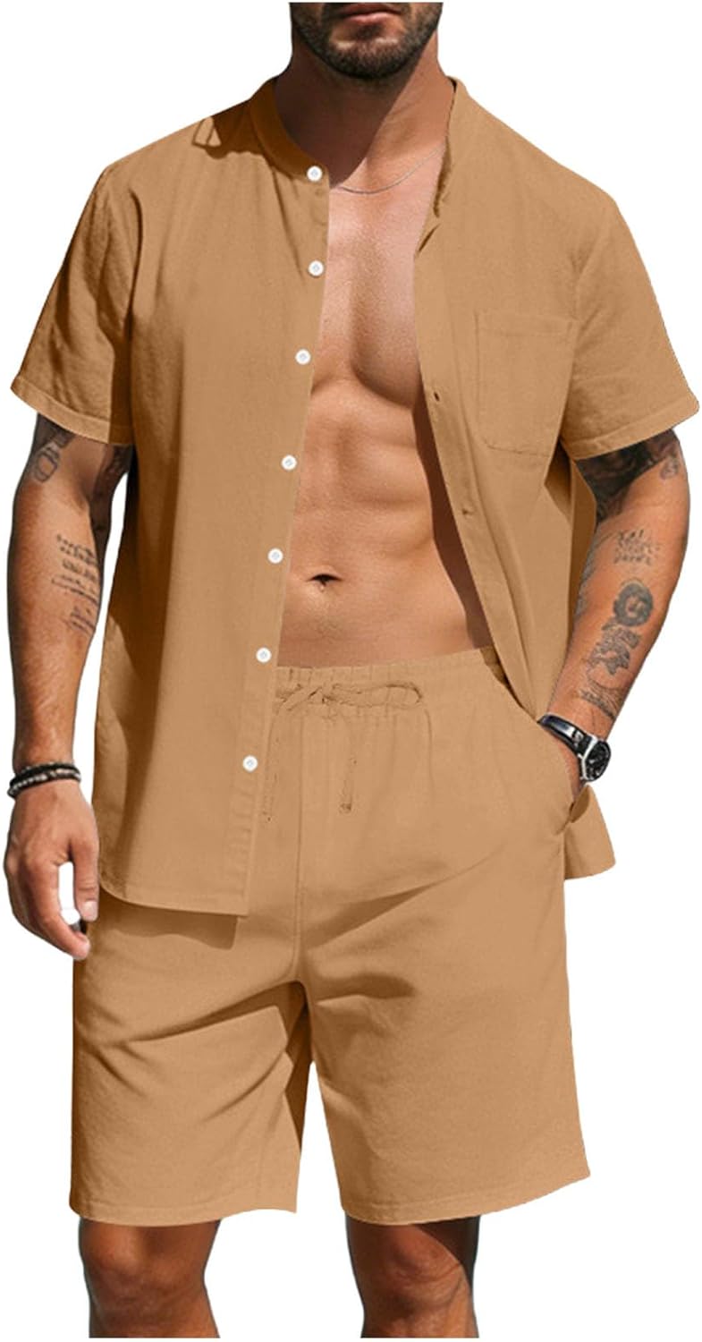 Cambkatl 2 Piece Outfits for Men Summer Stand Collar Linen Shirts with Shorts Business Casual Matching Sets with Pockets
