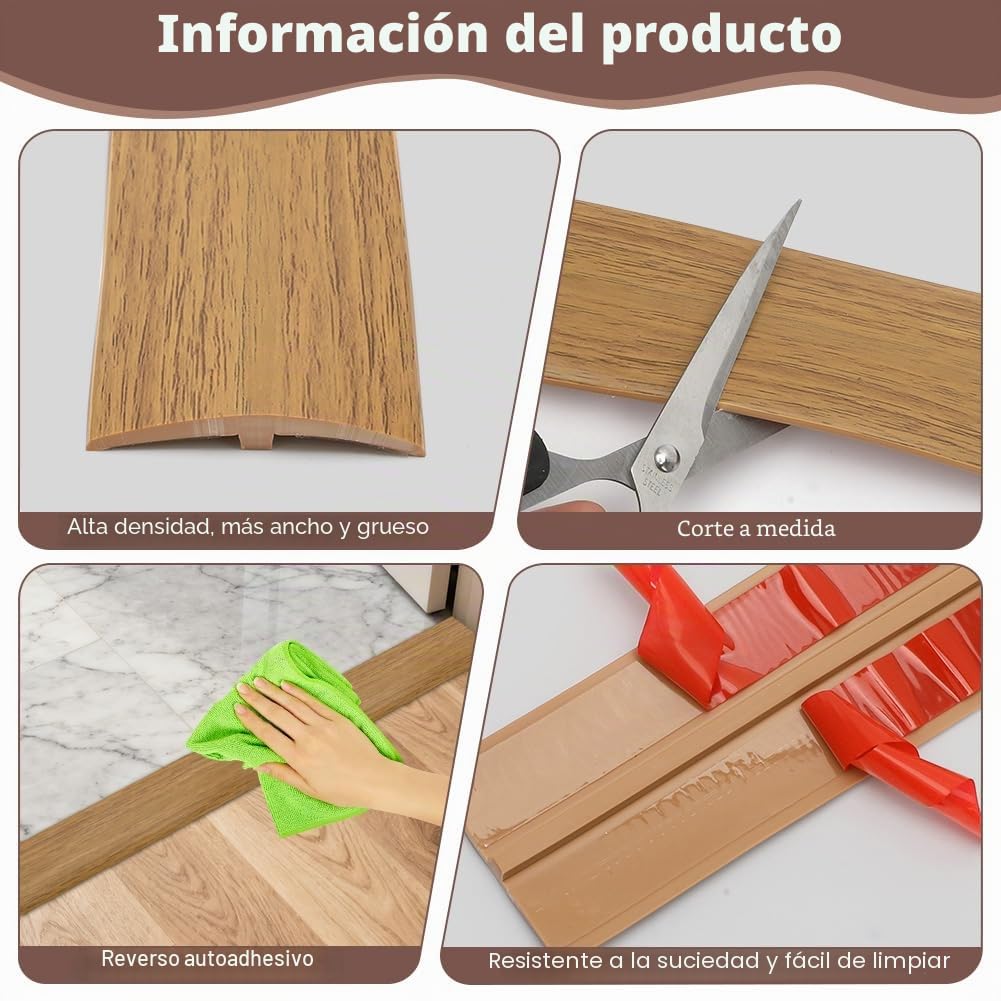 Perfil de transición en T, umbrales de puerta de PVC, molduras, perfil de transición de 3 m x 5 cm, autoadhesivo, tira de cobertura para nivelar suelos para suelos de parqué, umbrales de laminado