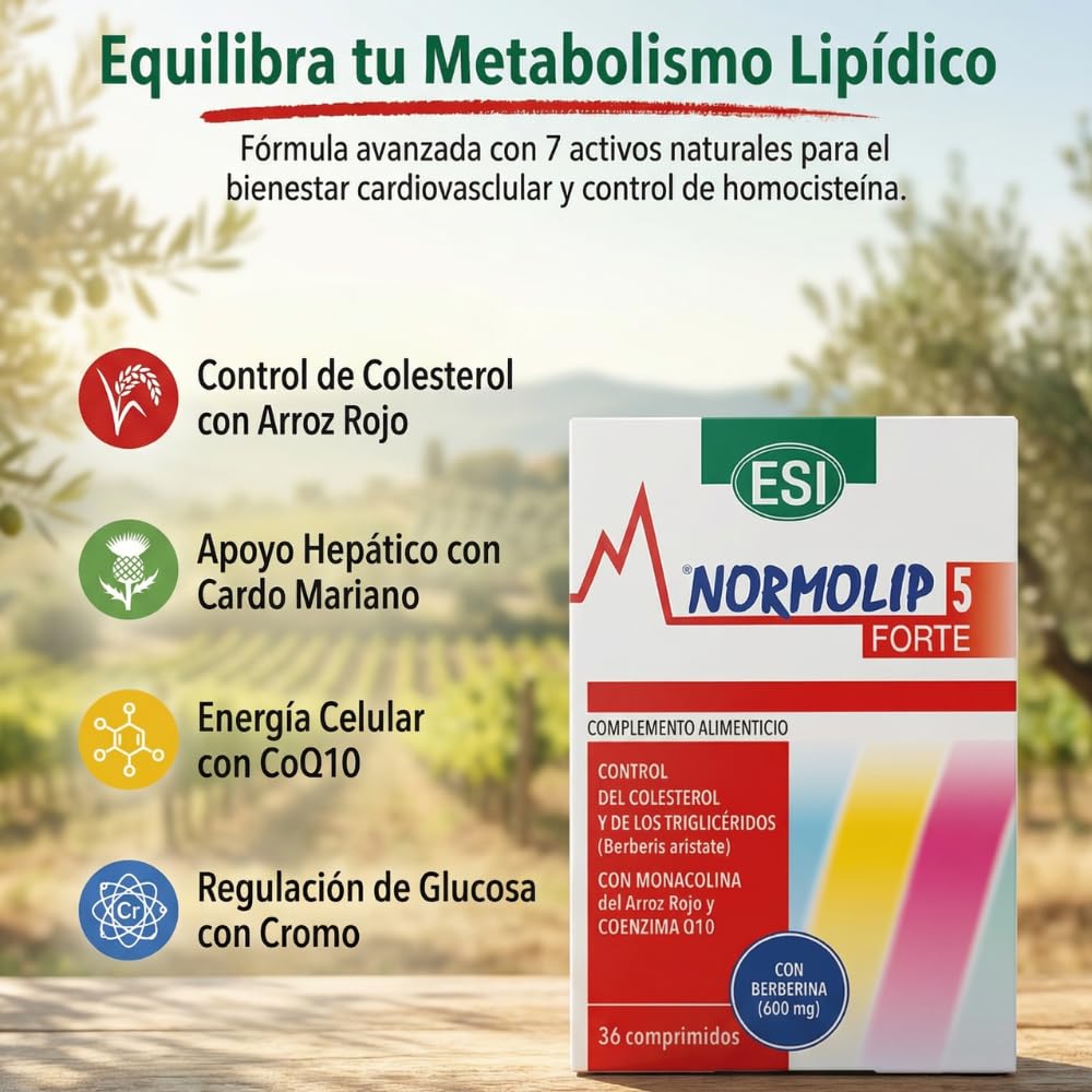 Normolip 5 Forte | Complemento Alimenticio con Berberina, Cardo Mariano, Arroz Rojo Fermentado, Coenzima Q10 y Policosanoles | Sin Gluten, Sin Lactosa, Apto para Veganos (72 unidad (Paquete de 2))