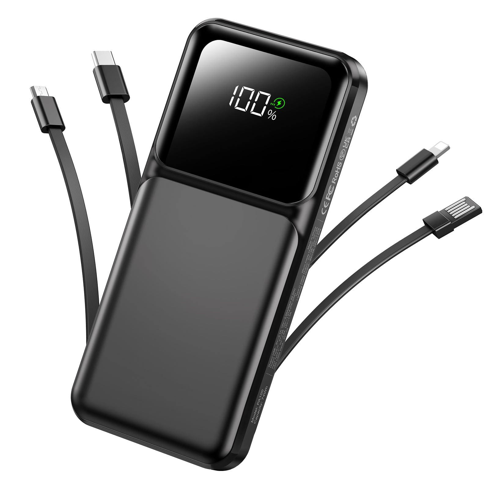 Portable Charger with Built in Cable -20000mAh Fast Charging Power Bank USB C Slim 22 5W LED Display