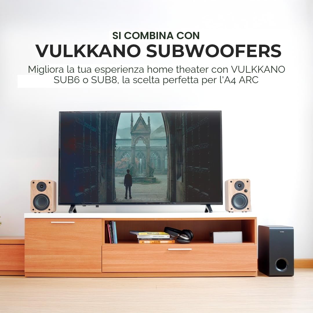 VULKKANO A4 ARC Cassa Amplificata con Woofer da 4", Bluetooth 5.0, HDMI ARC, Optica, RCA, USB, con Uscita Subwoofer, Casse Monitor con Design Elegante