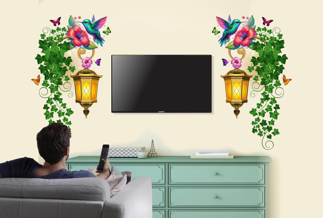 Flowers & Hummingbird Lantern Wall Decal – Elegant PVC Art Sticker for TV Unit, Living Room & Home Decor-image-22