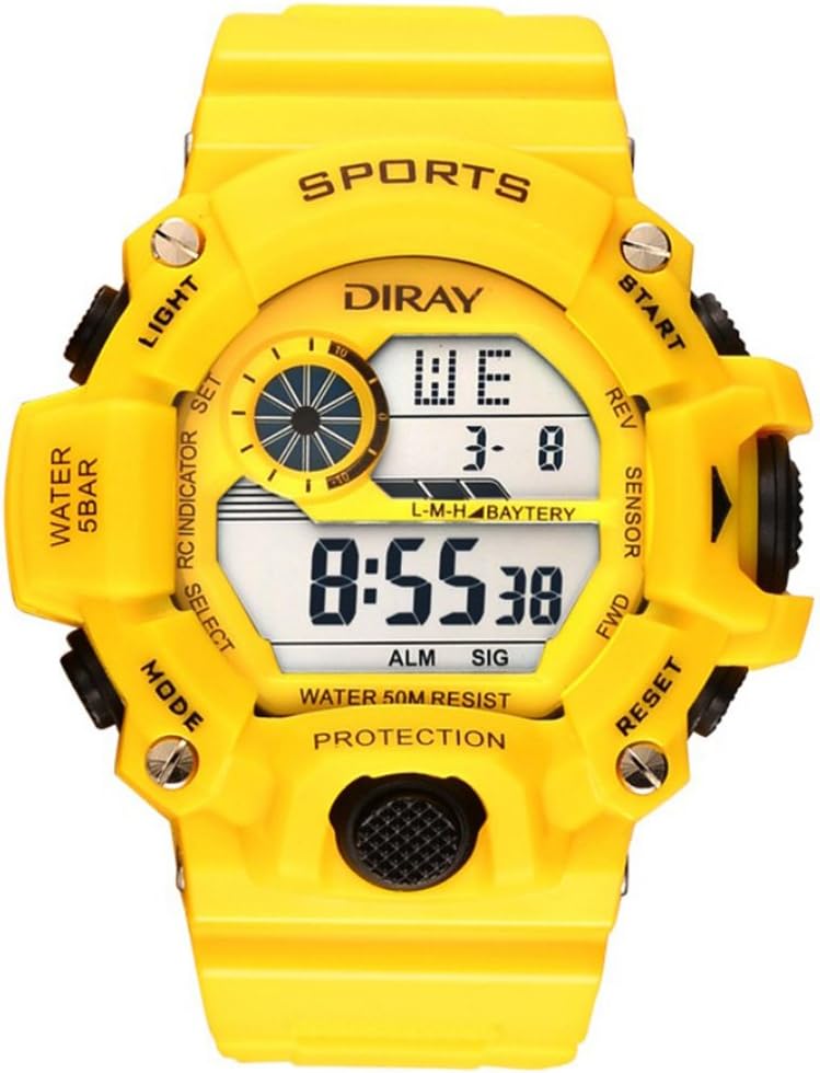 DIRAYMultifunction 50M Waterproof Watch Casual Digital Watch Mens Sports Chronograph Watch + Watch Box (Yellow)