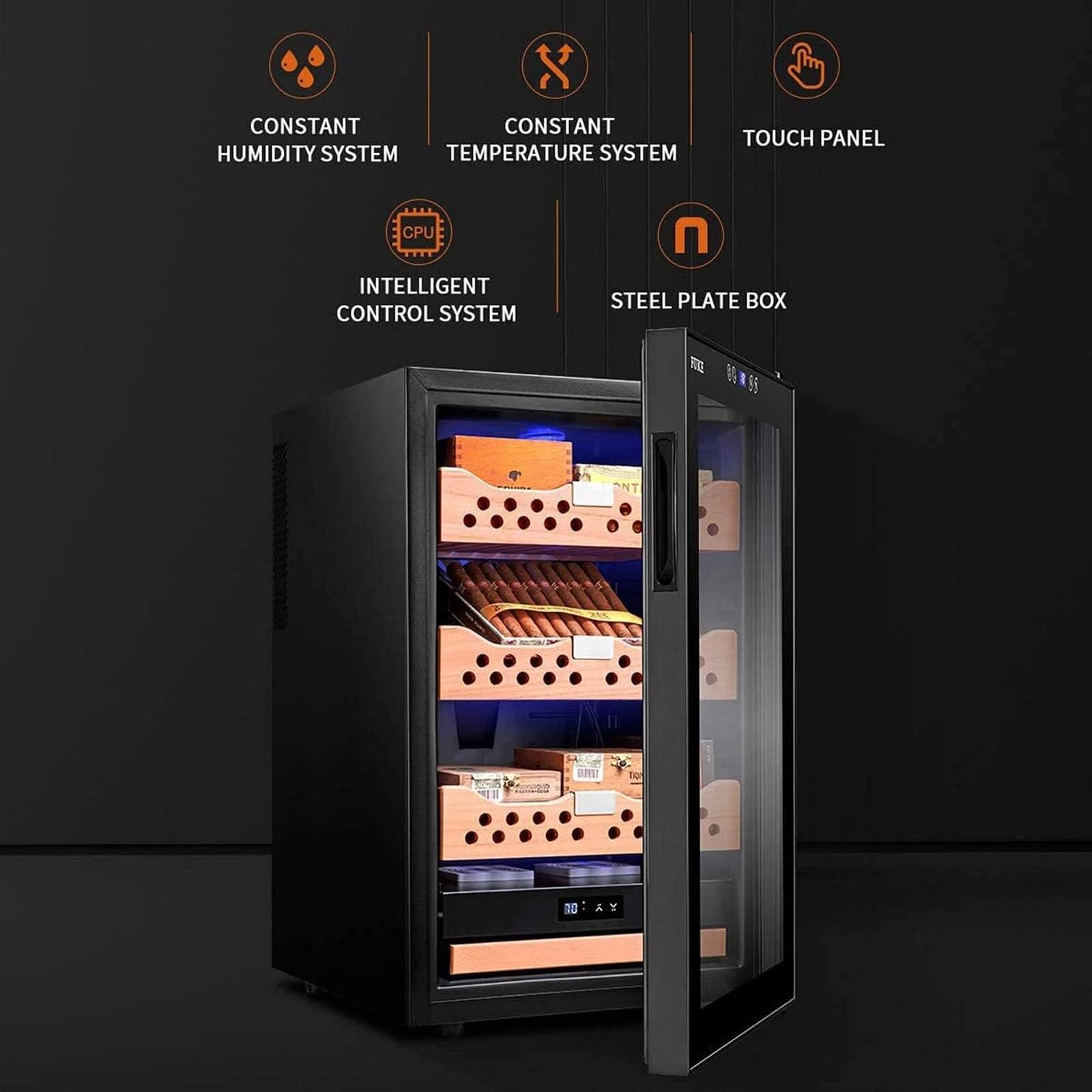 Zigarren-Humidor, 4-stöckiger Humidor (Kapazität von 400 Zigarren), mit Regalen und Schubladen aus spanischer Zedernholz, einstellbare Temperatur/Luftfeuchtigkeit, Touch-Panel/LED-Leuchten (schwarz)