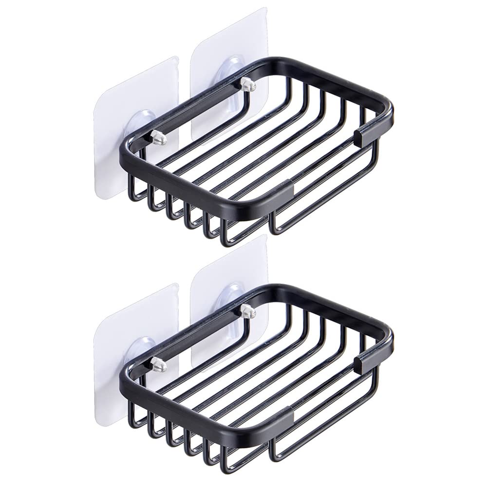 Bathroom Soap Holder, 2Pcs Aluminium Adhesive Shower Soap Dish Sponge Holder for Bathroom Washstand and Toilet, Soap Holder for Shower Wall No Drilling (Black)
