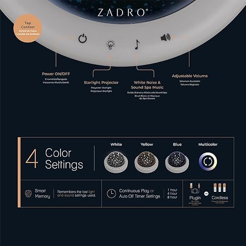 Miniatura 6 de Zadro Luz nocturna LED de estrella para habitación de niños, proyector de estrellas con globo de noches estrelladas multicolor y variedad de sonidos