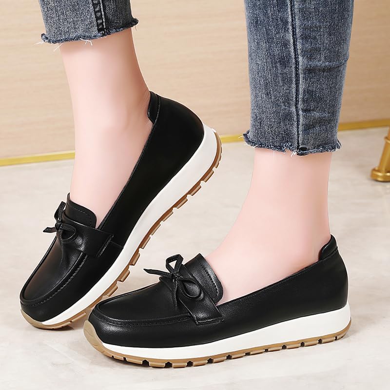 Women's Black Bowknot Decor Loafers, Leather-Like Comfortable Slip-On Platform Casual Shoes for Daily Wear & Work