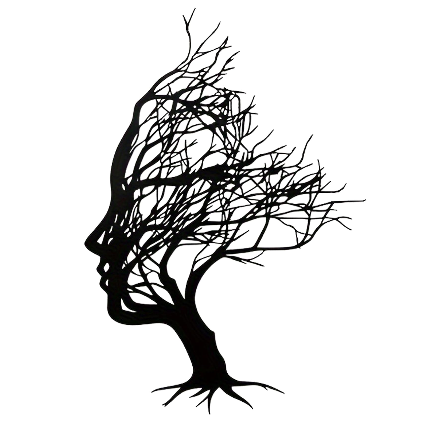 Huspox Arte de pared abstracto de metal con cara de árbol, 40 x 28 cm, escultura para colgar en la pared, color negro