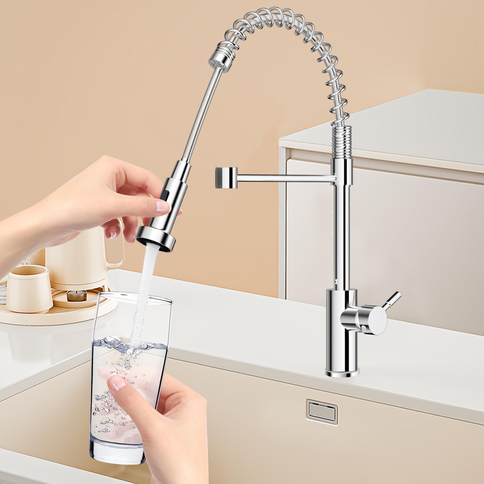Robinet Cuisine, Mitigeur Évier à Arc Élevé avec Douchette Extensible 360° Pivotant, Mitigeur Cuisine avec 2 Types de Jet, Robinet D'évier en Acier Inoxydable, Installation Facile, Chromage