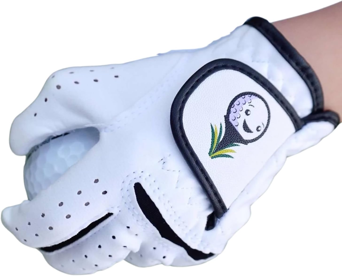 Toddler & Small Kids Golf Glove Ages 2-3, 4-5 & 6-7 Lefties and Righties XXS, XS and S, Superior Grip, Soft White with Smiling Golf Ball, Custest Glove for Children