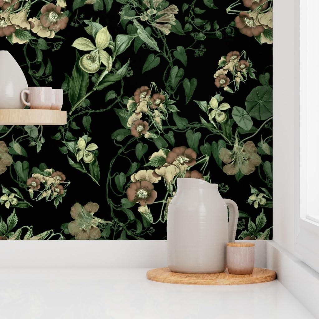 Peel & Stick Wallpaper 12ft x 2ft - Floral Green Vintage Style Flowers Nature Old Custom Removable Wallpaper by Spoonflower