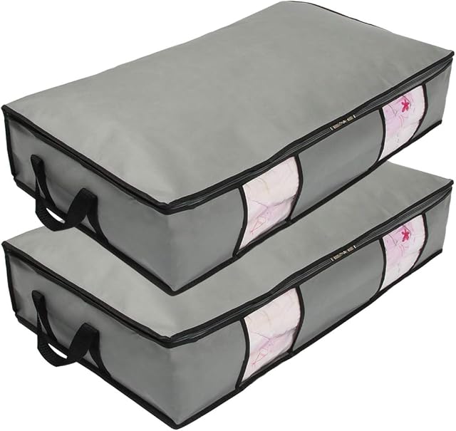 wsryx Underbed Clothes Storage Bags with Zips, 2 Pack Large Under Bed Storage Organiser Boxes Containers Clear Window Bin Bags for Clothes Bedding Comforter (Grey, long)