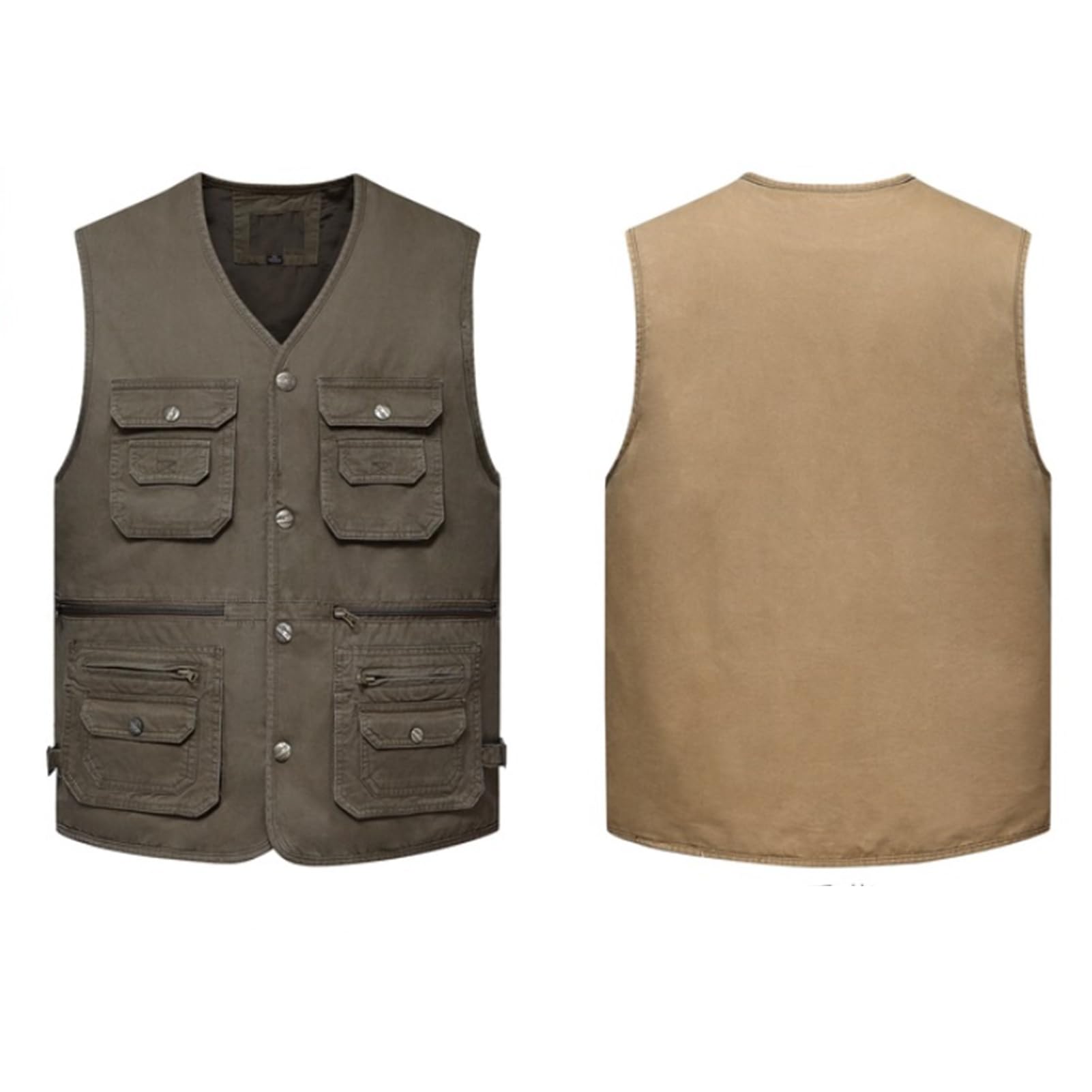 Uomo All'aperto Gilet Giacca Multi Tasca Vest Senza Maniche Panciotto Pesca Cappotto Leggero Traspirante Giubbotto Fotografia Utility Sport Giubbotto Top Khaki-XXL