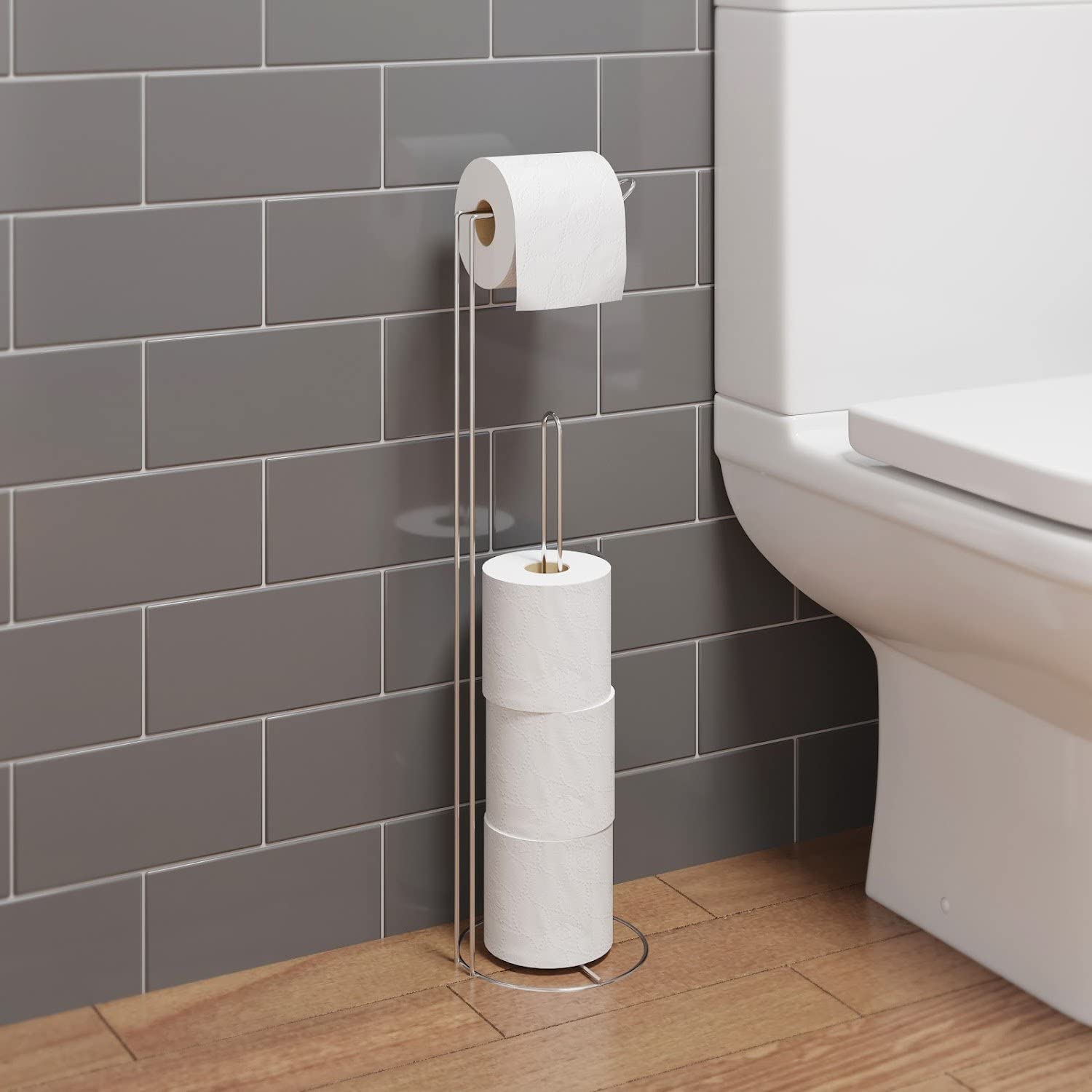 Architeckt Floor Standing Chrome Toilet Roll Holder Bathroom WC Round Modern Storage Tidy โ image 1