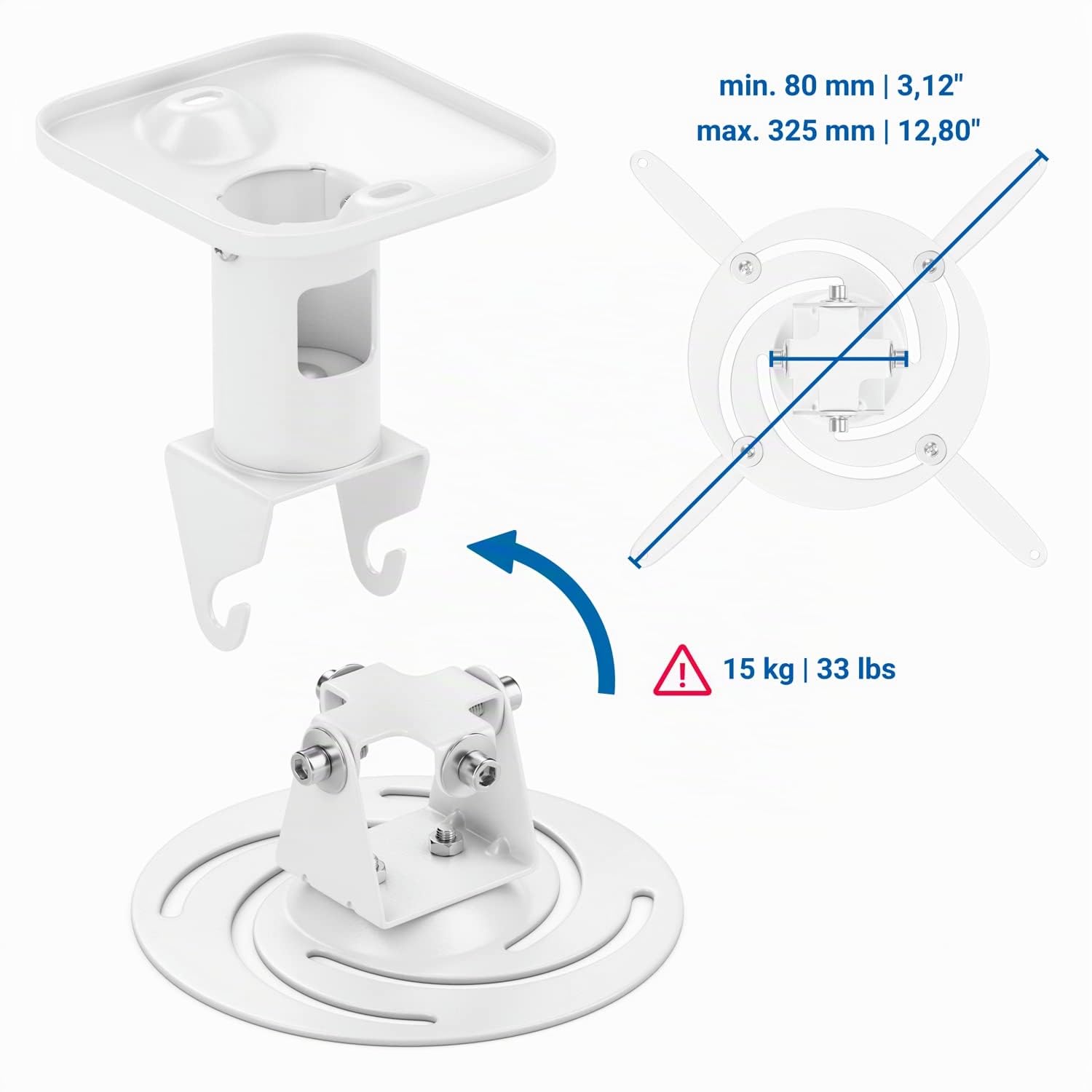 deleyCON Support de Plafond pour Projecteur Universel Beamer +-25° - Pivotant à 360° - Jusqu'à 15 Kg - Distance de Plafond 215mm - Gestion des Câbles - Blanc