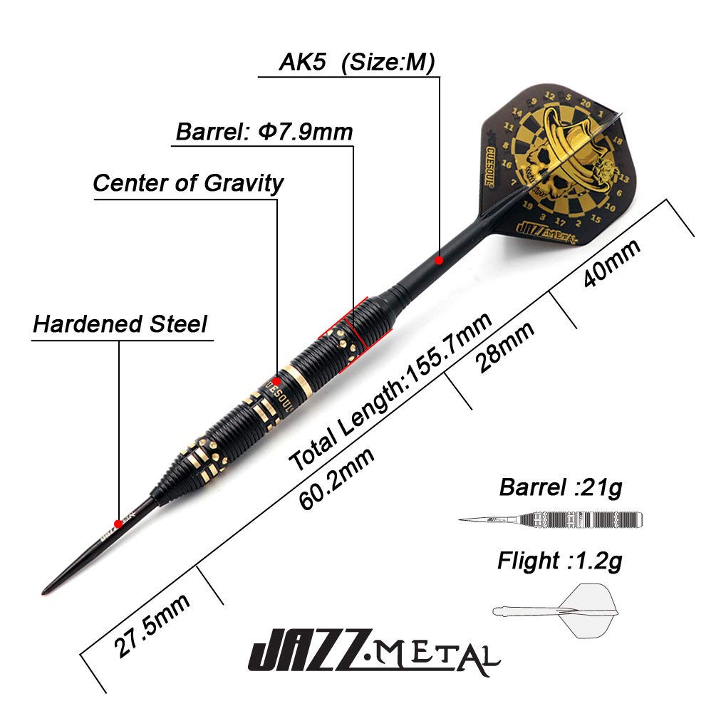 Fléchettes Acier CUESOUL Jazz-Metal – 90% Tungstène, 21/23/25g, Tiges ROST Intégrées, Housse Incluse