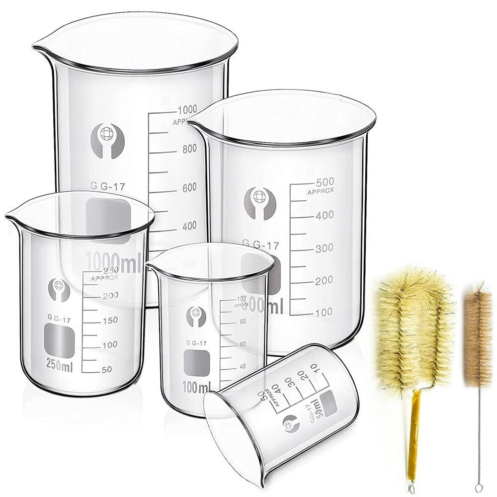 Zlewka laboratoryjna z dziobkiem, Zestaw zlewek ze szkła borokrzemianowego, 5 sztuk, 50-1000 ml, z pędzelkami(5ml)