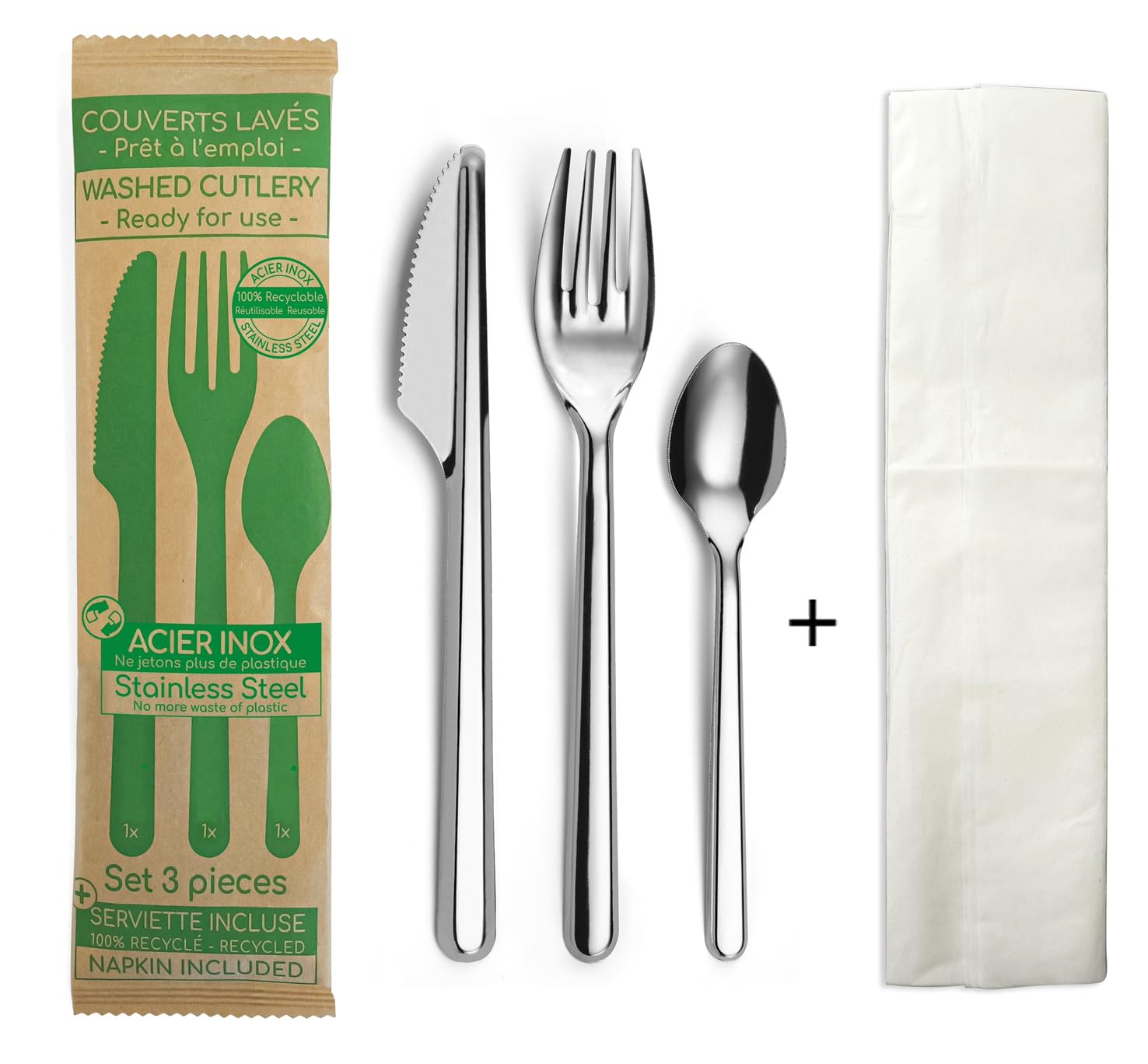 Amefa Set di posate lavate riutilizzabili [50 forchette, 50 cucchiai, 50 coltelli, 50 tovaglioli] per feste di compleanno, picnic, buffet