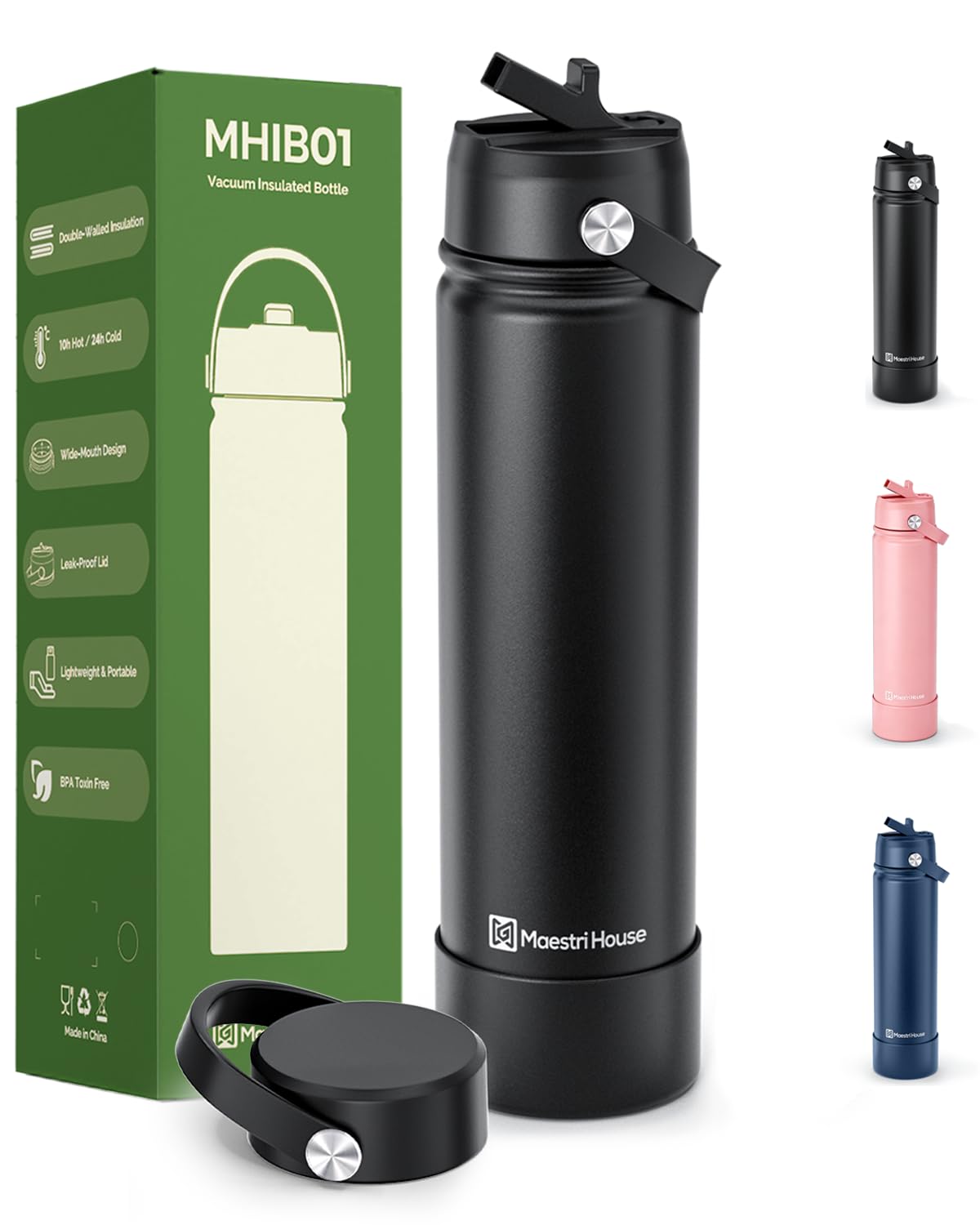 Maestri House 750ml Insulated Water Bottle, Leakproof Bottle with 2 Lids (Straw & Spout), Keep 10H Hot 24H Cold, BPA-Free, Stainless Steel Bottle for Gym Travel Cycling (Black)