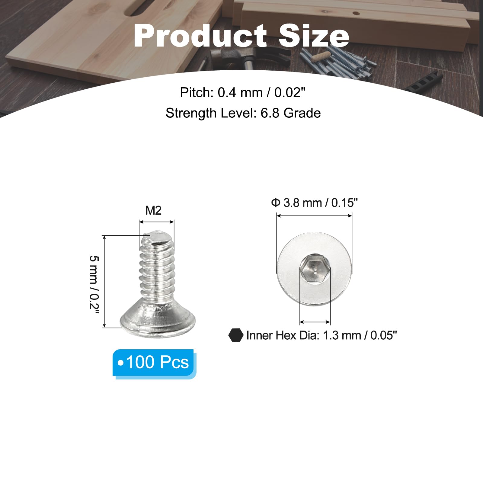 PATIKIL M2 x 5mm Viti a Testa Svasata Piatta, 100Pz Acciaio Inossidabile 304 18-8 per Macchine Bulloni Esagonale Drive Fasteners Grado 6.8