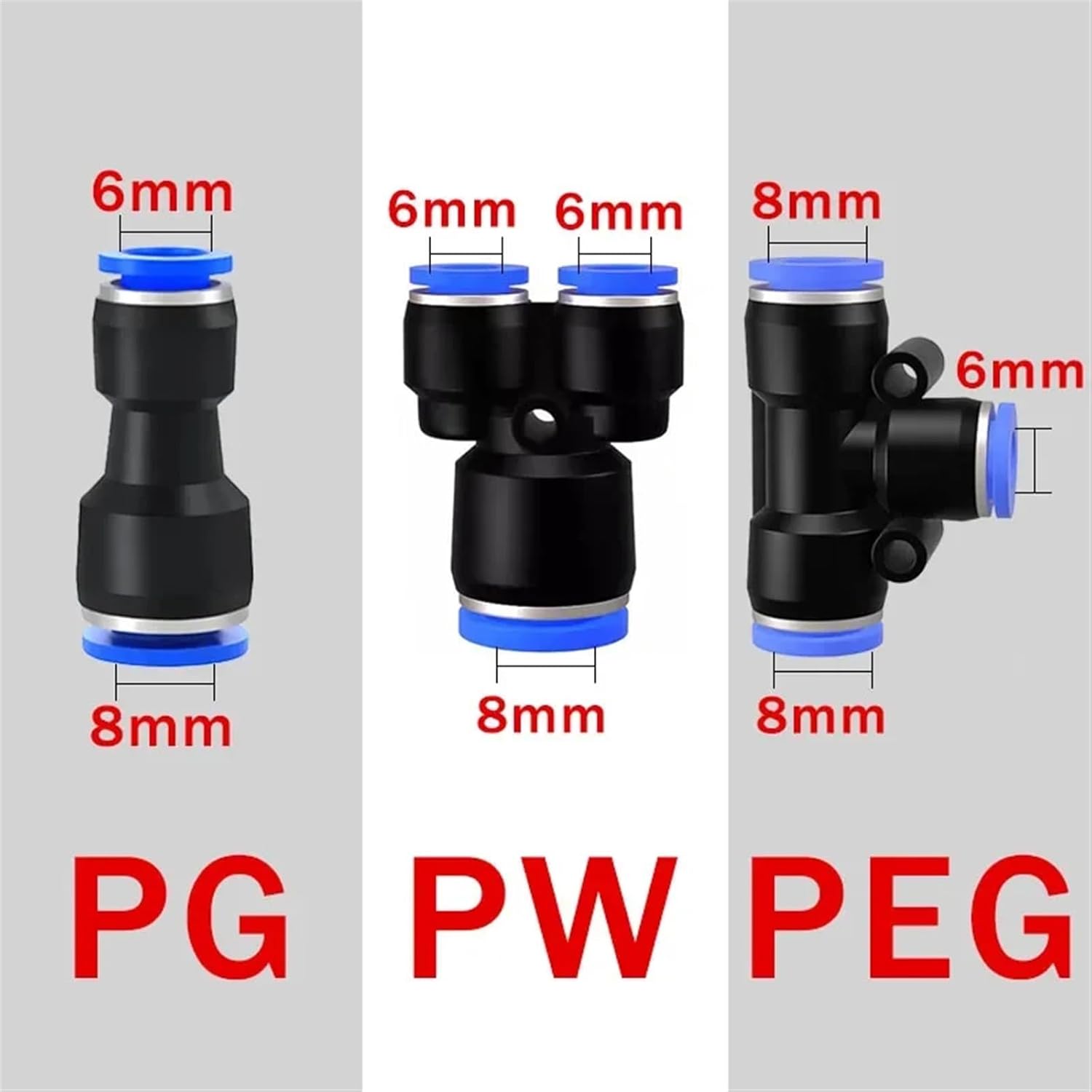 100pcs PE PU PG PY PW Air Connectors Pneumatic Fitting Quick Connect Tee 3Way Plastic Pipe Hose Tube Connector 4 6 8 10 12mm (Color : 8-6(100pcs), Size : PE)