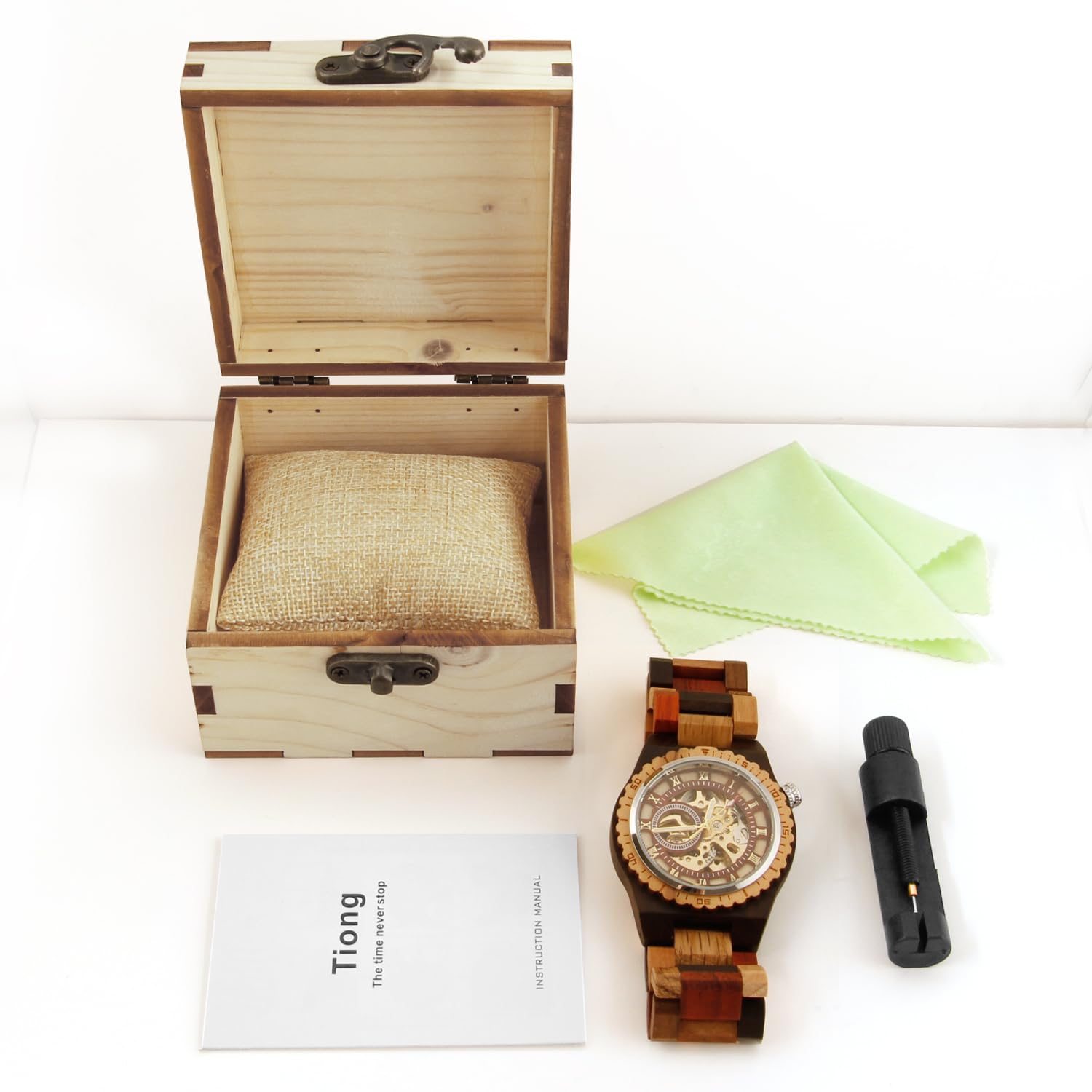 Tiong Orologio sportivo meccanico in legno, quadrante digitale cavo, cinturino in legno con lancette luminose, orologio meccanico da uomo