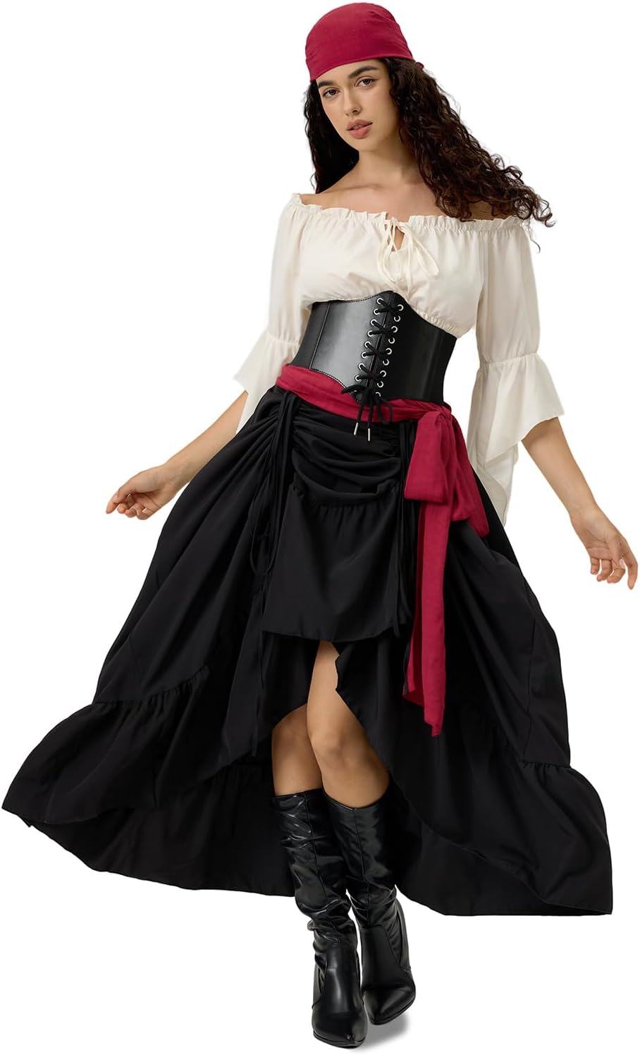 Women Pirate Costume with Peasant Blouse Off Shoulder Trumpet Sleeve Tops Victorian Steampunk Skirts - Image 2