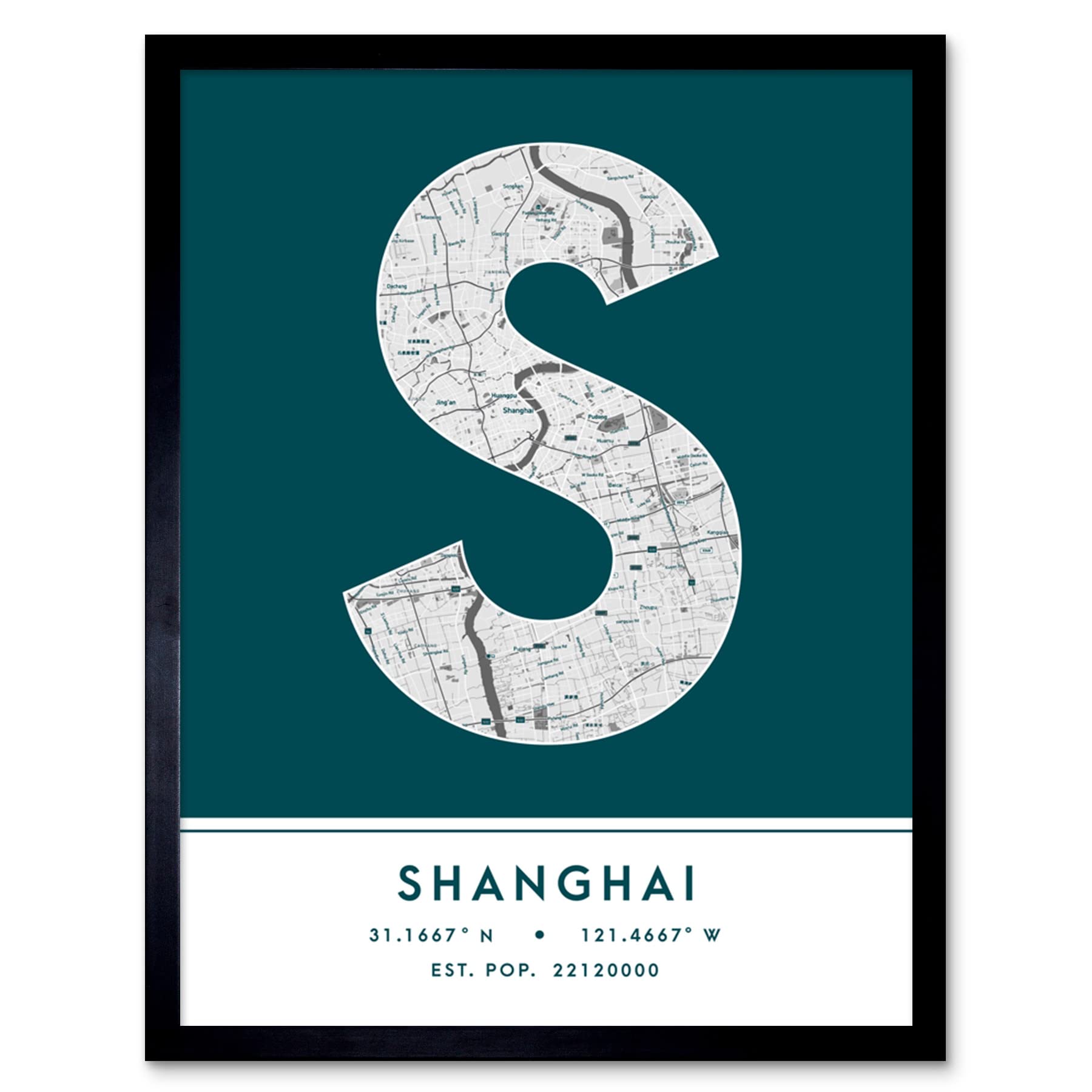 Wee Blue Coo Shanghai China City Map Teal Colour Block Modern Typography Stylish Letter Framed Word Wall Art Print Poster for Home Décor CITYMAP1