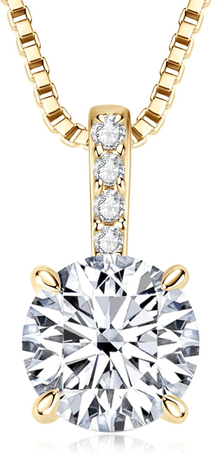 DYUNQDYUNQ 1-2CT Moissanite Necklace for Women, Solitaire Lab Created Diamond Pendant, 18K White Gold Plated D Color Round Cut 925 Sterling Silver Necklace, GRA Certified, 18+2 inch Box Chain