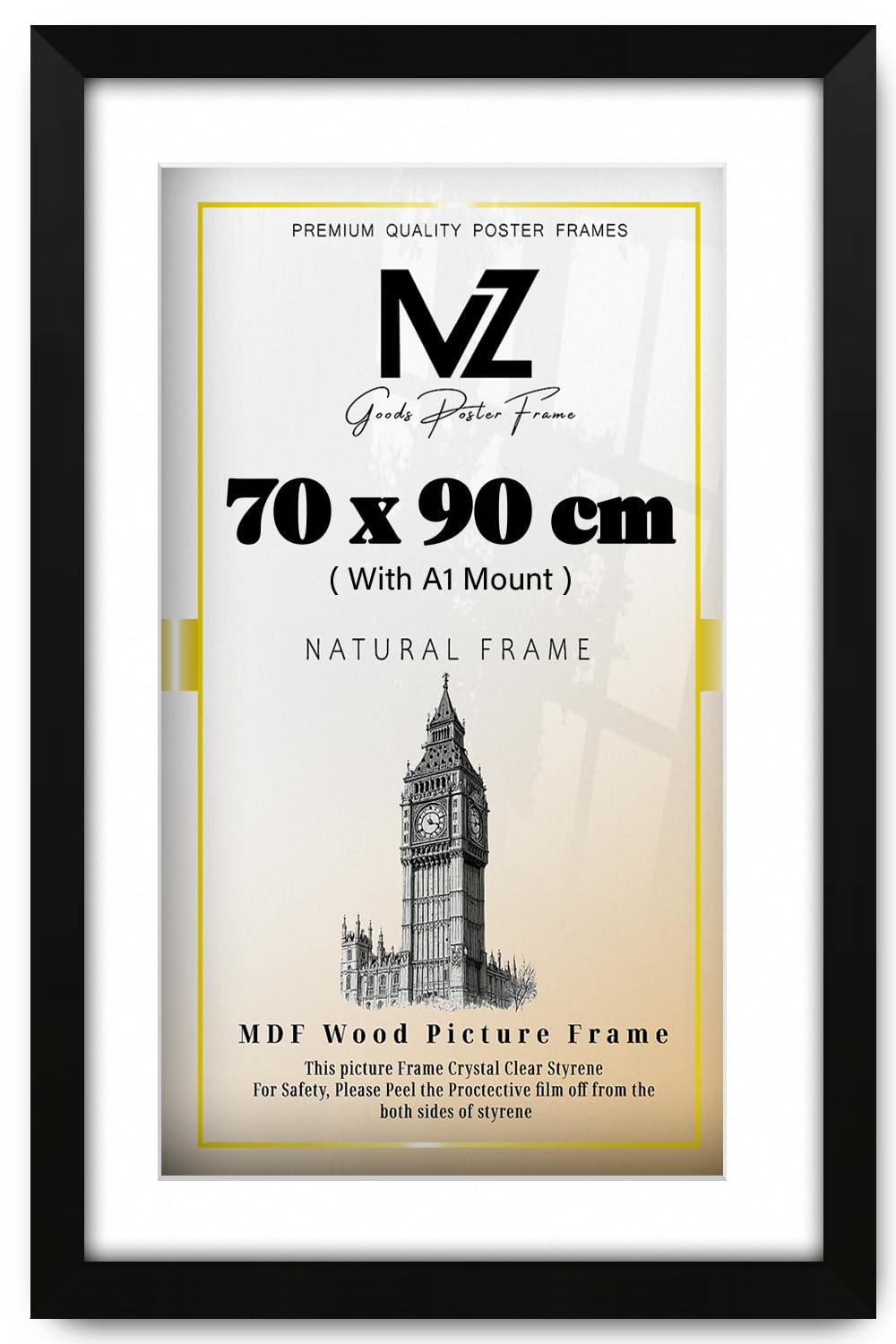 Mz Goods Matt Black | Mdf Artistic Wall Hanging Frame (90 X 70 Cm) With A1-(59.40 X 84.10 Cm) White Mount Engineered Wood | 36X28 Inch Certificate, Diploma, Modern Décor Frame [ ]