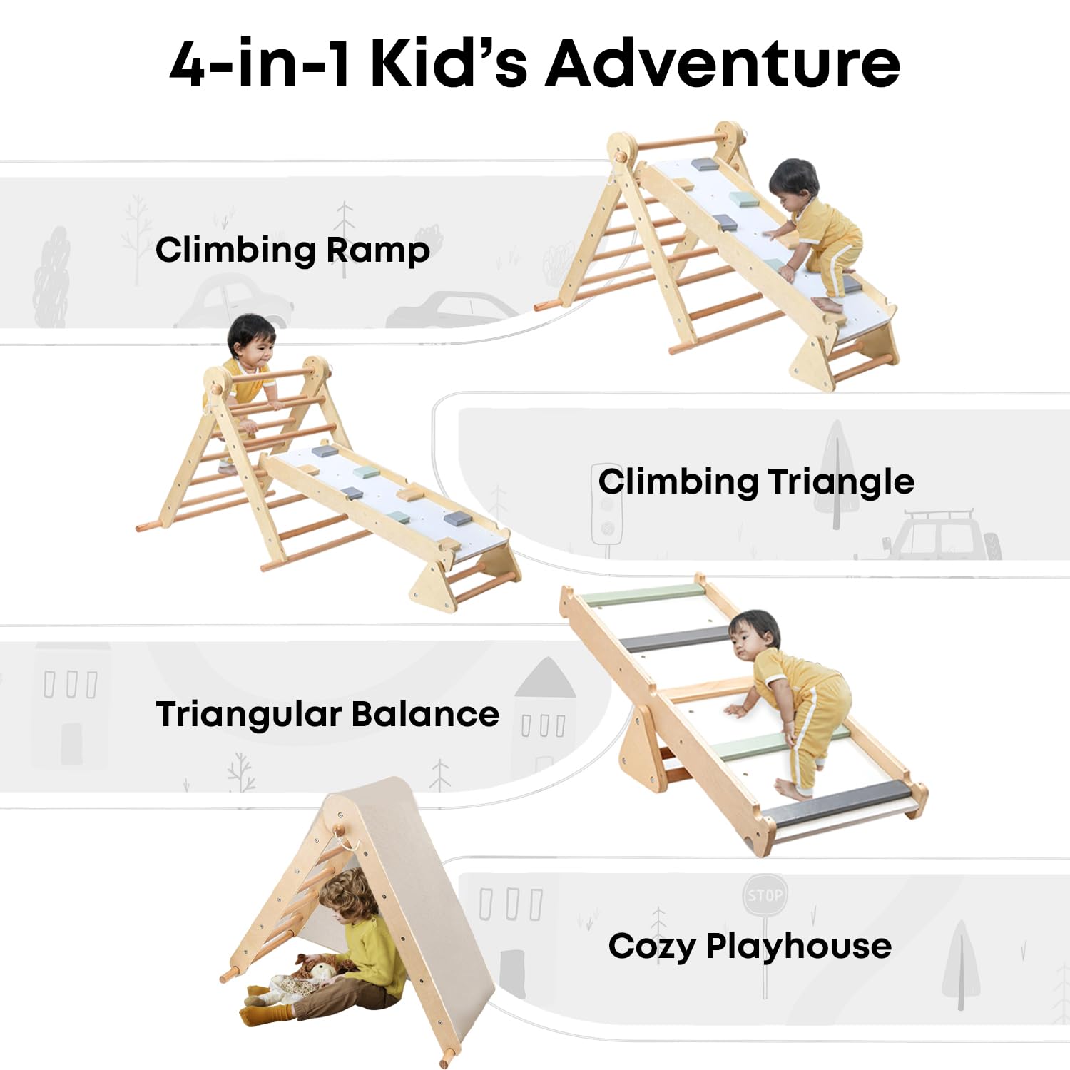 Mamabrum Klettergerüst Indoor ab 3 Jahren für Kinder – Pikler Dreieck, Leiter & Balancierpfad – 3-in-1 Multifunktionales Spielzeug, Indoor Spielplatz, Montessori Ergänzung